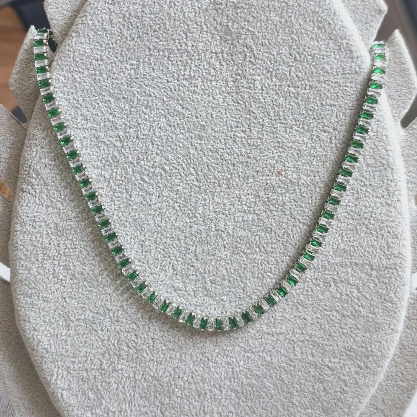 14Ct Radiant And Baguette Cut Emerald Lab-Created Gemstone Tennis Necklace 14K White Gold Plated Necklace Tennis Chain Necklace Size 19"