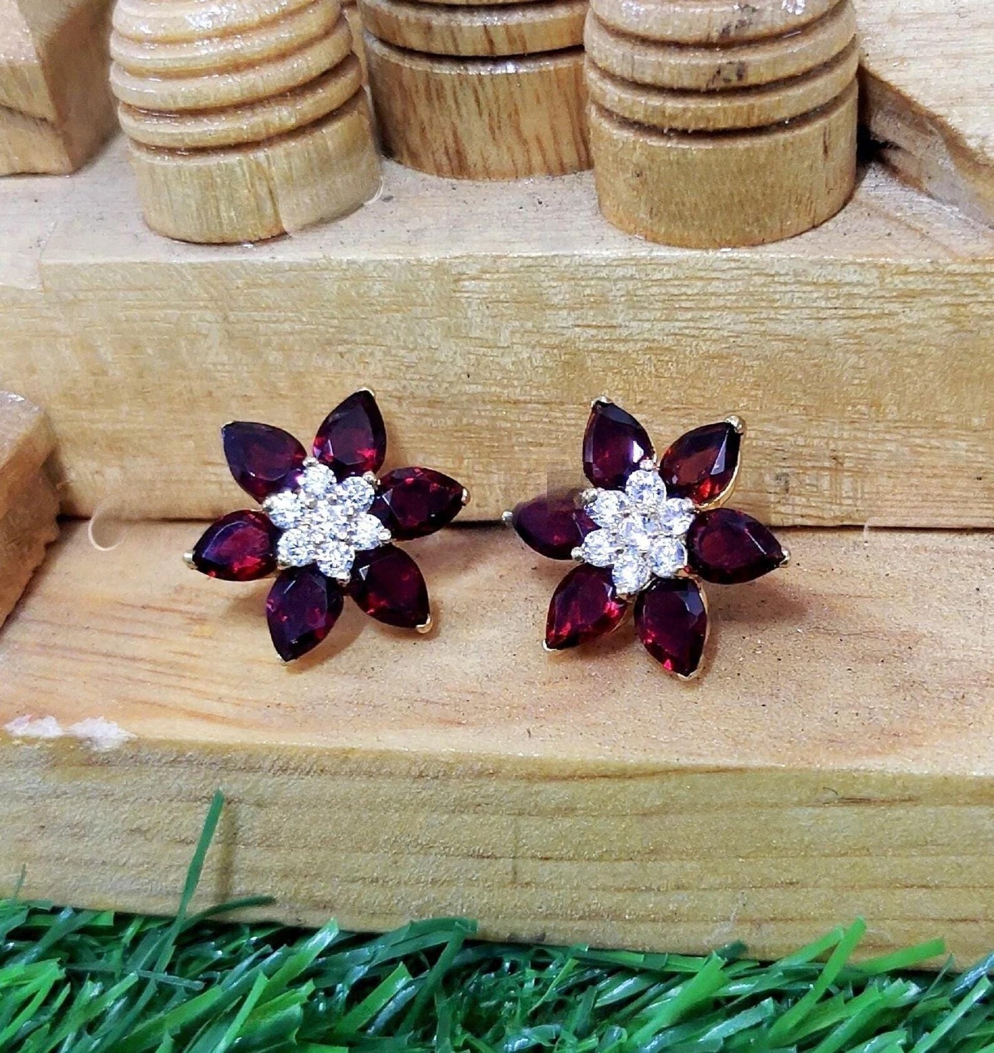 1.20Ct Red Garnet Earrings Lab-Created Pear Cut Red Garnet Cluster Flower Stud Earrings 14K Yellow Gold Finish Woman's Garnet Stud Earrings