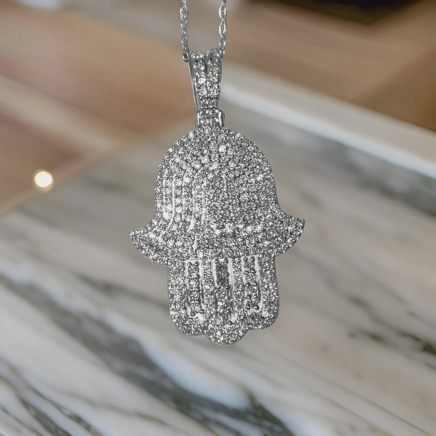 2Ct Round Cut Simulated White Diamond Hamsa Pendant  14K White Gold Finish Free Chain 925 Sterling Silver