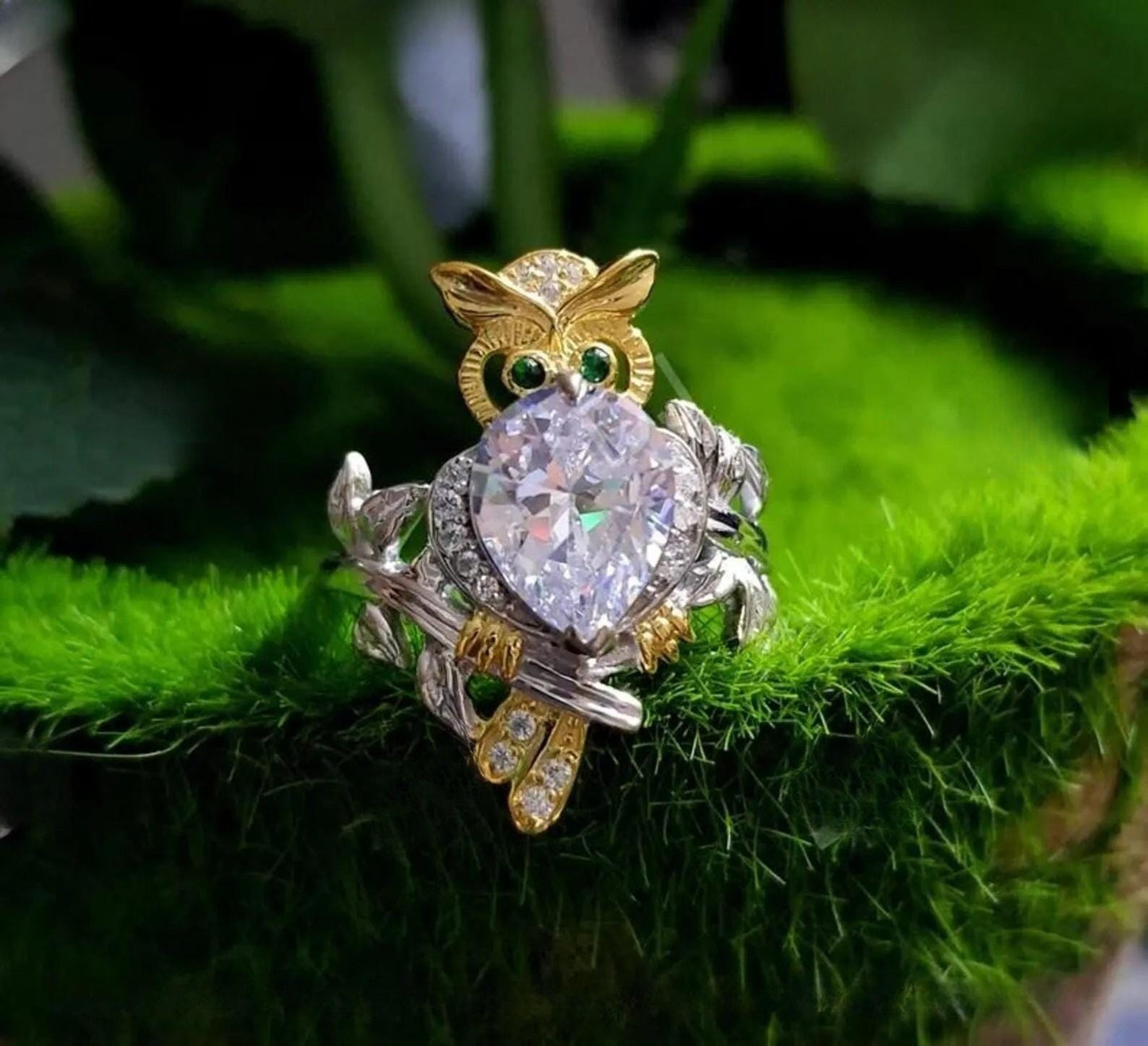 2Ct Heart Cut Owl Shape Ring Simulated Green Emerald 14K Two Tone Gold Plated 925 Sterling Silver, Anniversary Ring, For Birthday Gift Ring