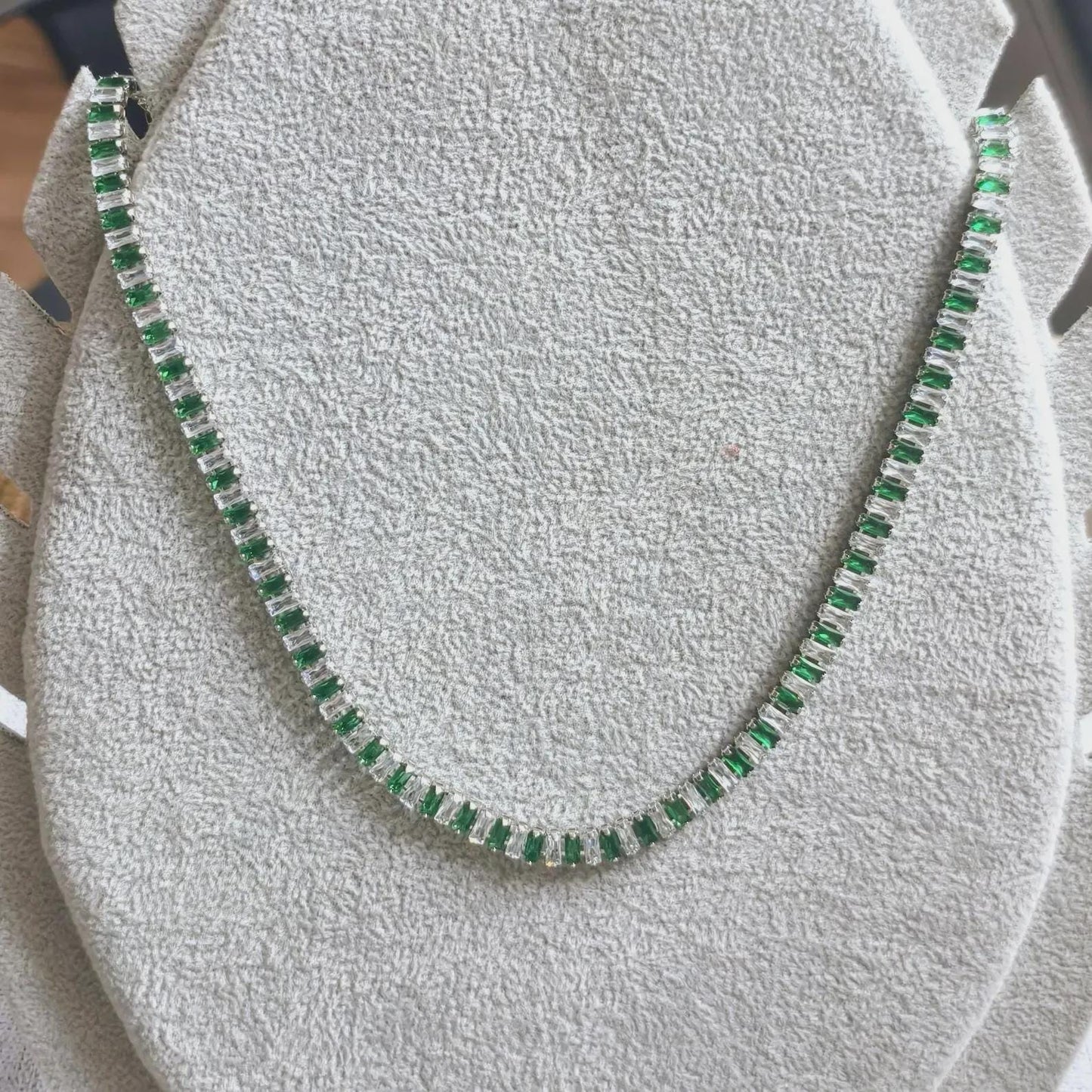 14Ct Radiant And Baguette Cut Emerald Lab-Created Gemstone Tennis Necklace 14K White Gold Plated Necklace Tennis Chain Necklace Size 19"