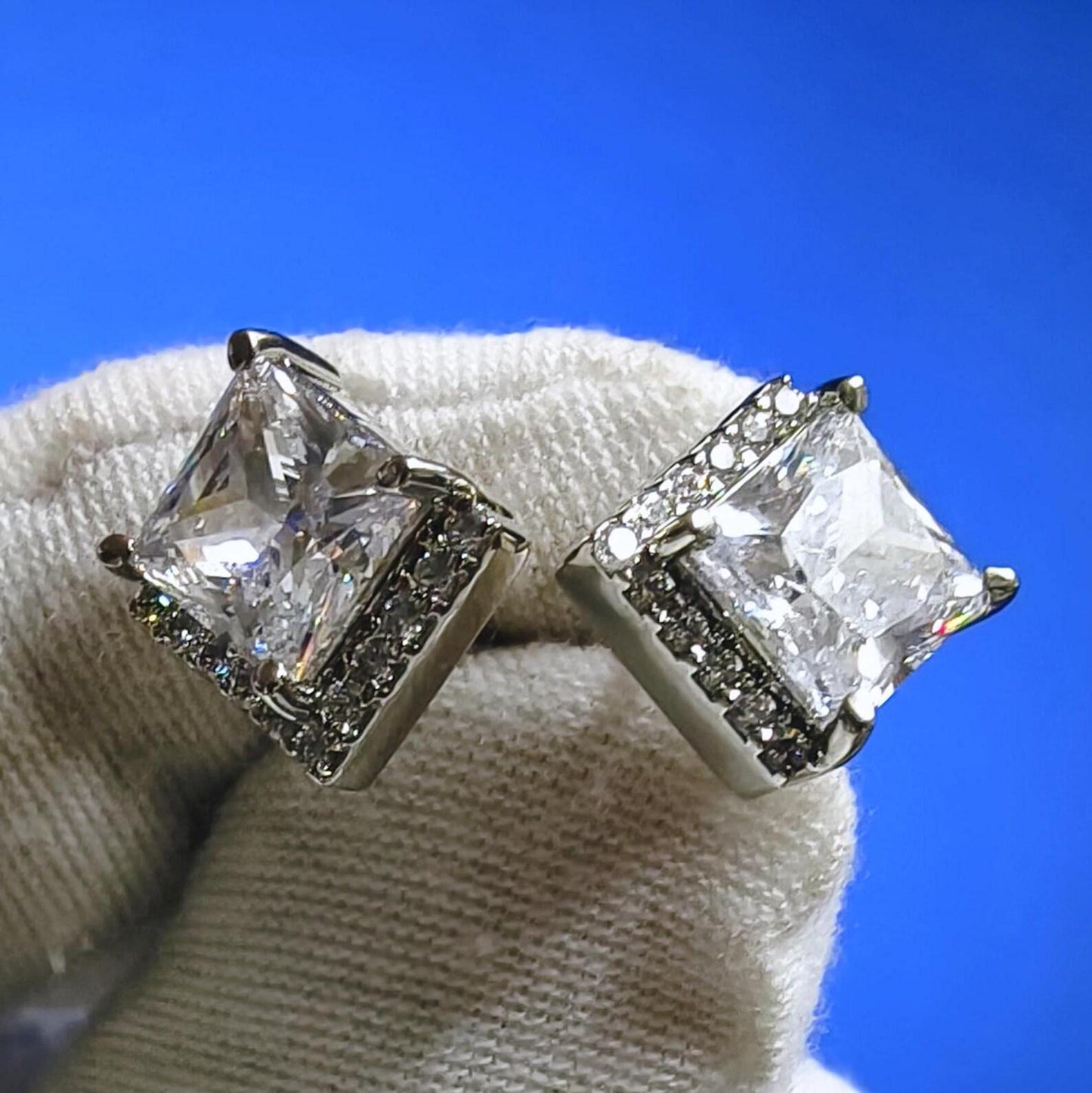 4Ct Princess Cut Moissanite Halo Stud Earrings 14K White Gold Finish 925 Silver Stud Earrings