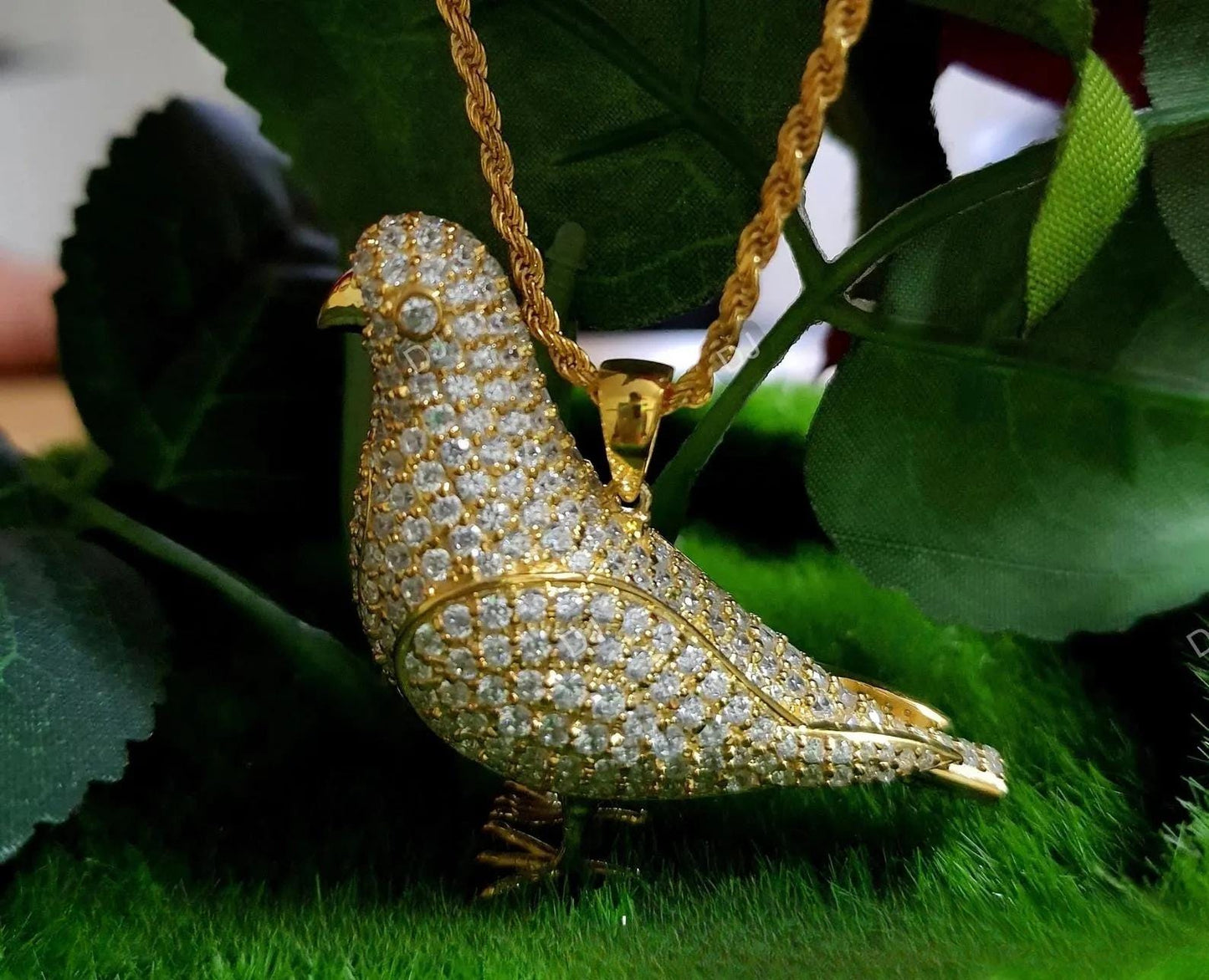 14k Yellow Gold Finish Pendant. Custom Made Bird Pendant Round cut Simulated Diamond Yellow Gold Plated Bird Pendant Free Chain