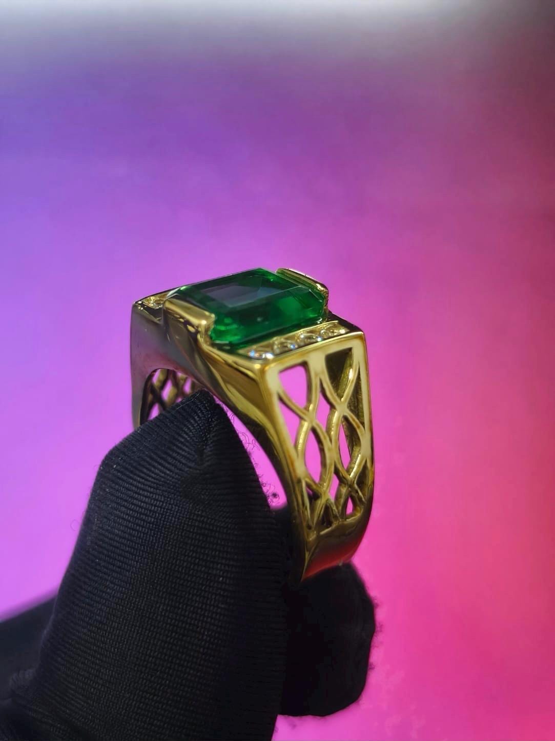 4Ct Emerald Cut Simulated Emerald Men's Wedding Ring 14K Yellow Gold Plated- 925 Silver