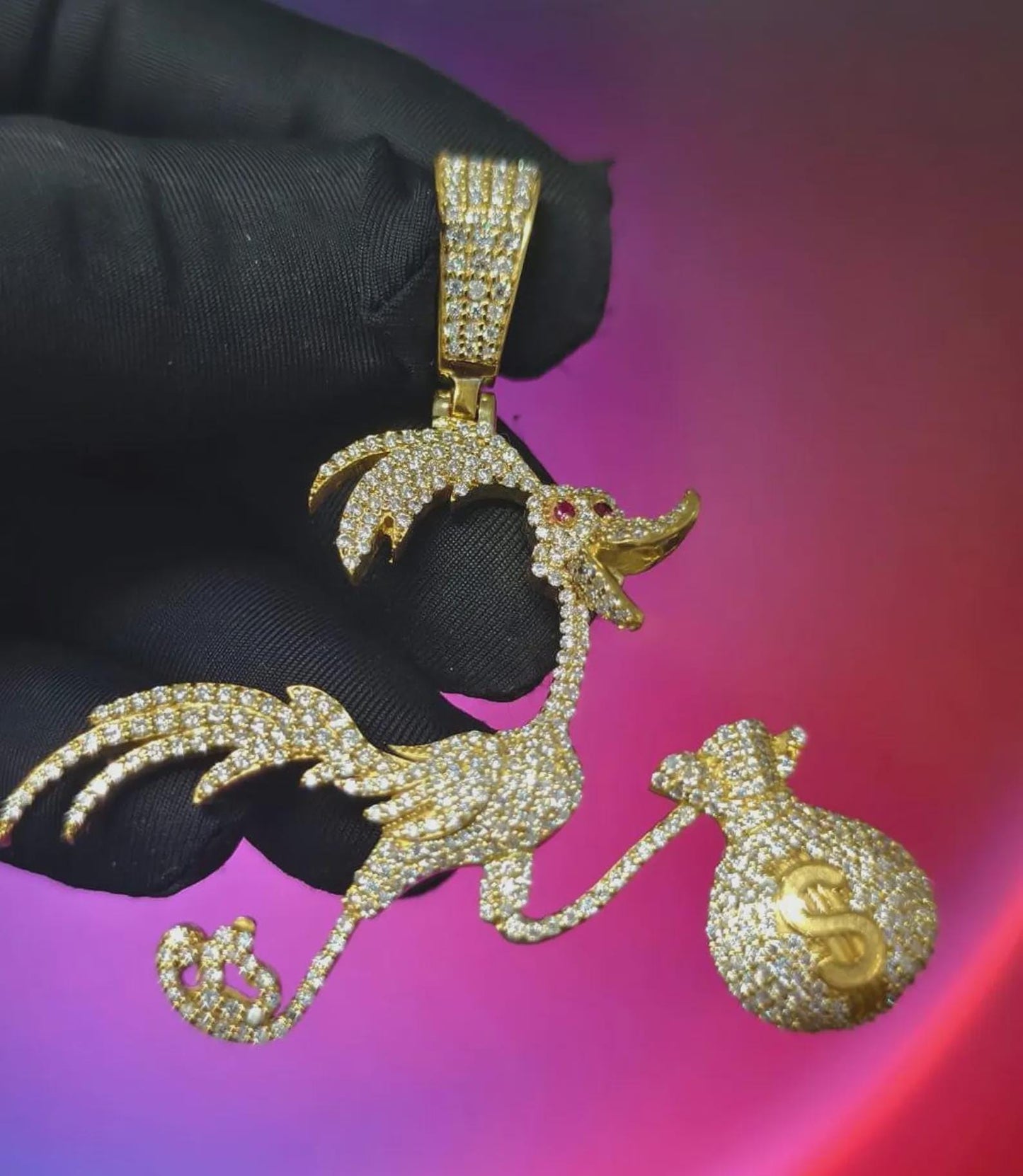 Round Cut Moissanite Duck With Money Bag Pendant Hip Hop Bird Pendant 14K Yellow Gold Plated 925 Sterling Silver Free Chain