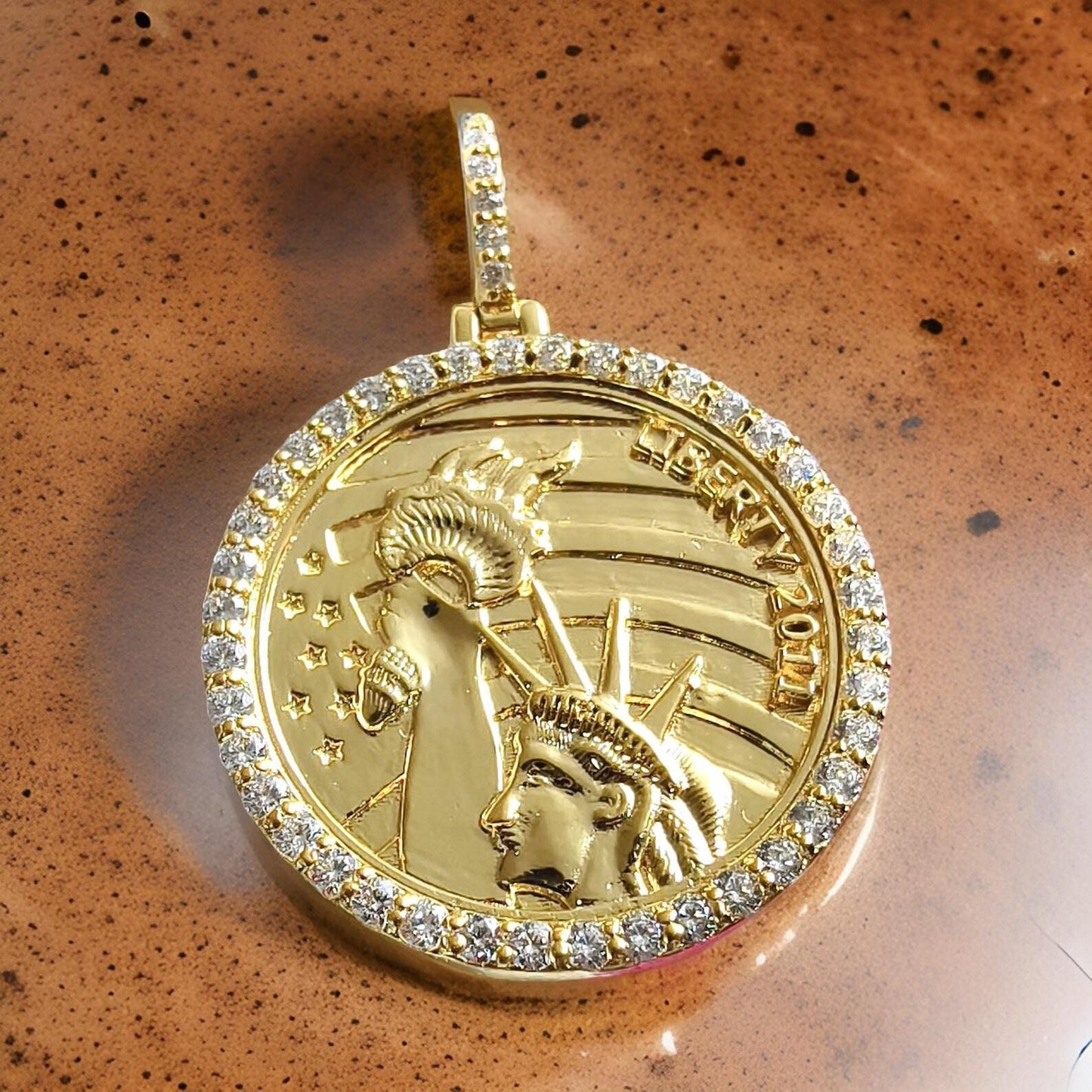 1Ct Round Cut Moissanite Pendant  Liberty Coin Pendant Necklaces Pendant 14K Yellow Gold Over Moissanite Liberty Pendant