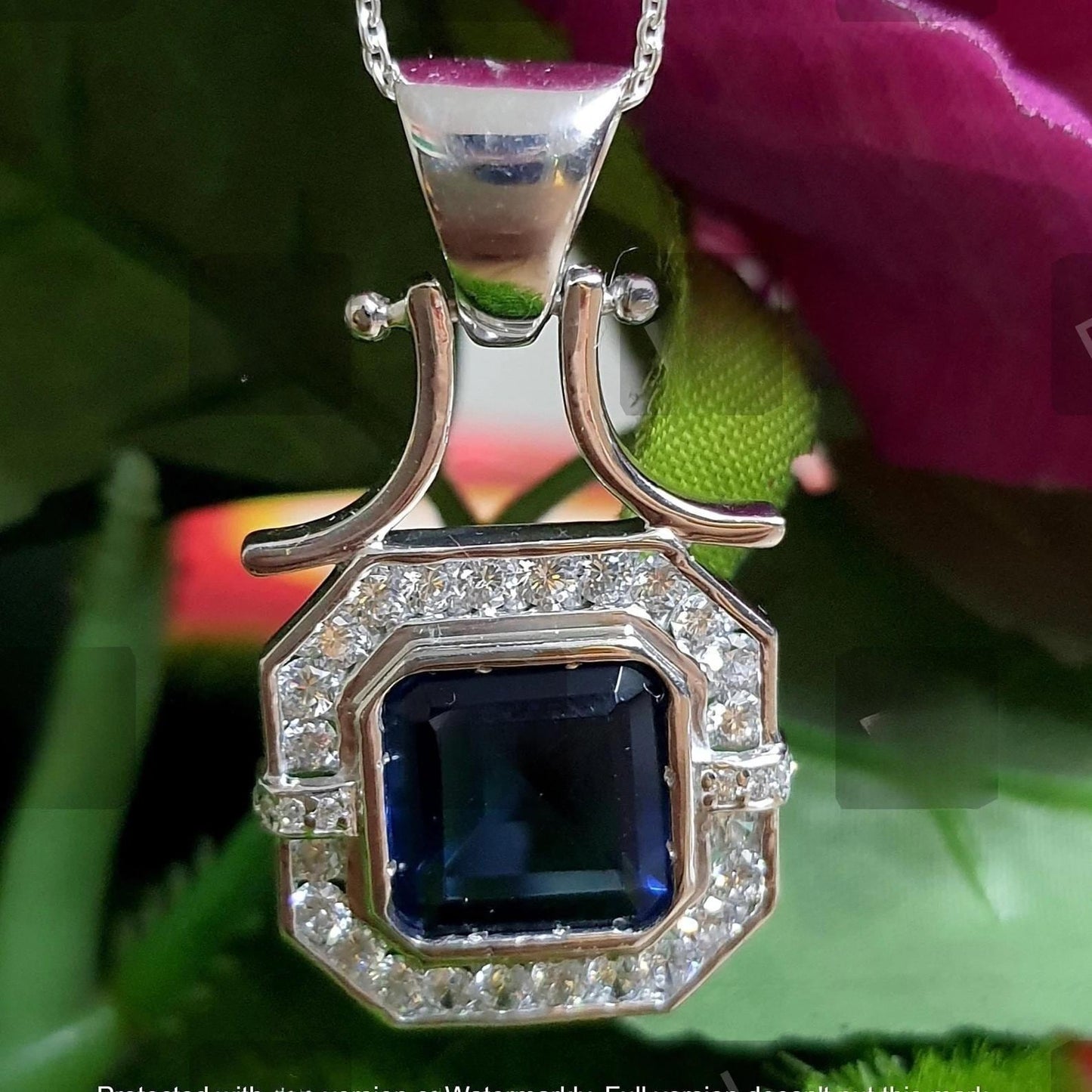 3Ct Asscher Cut Blue Sapphire Round Cut Diamond Halo 14K White Gold Finish Pendant Necklace For Girls With Free Chain