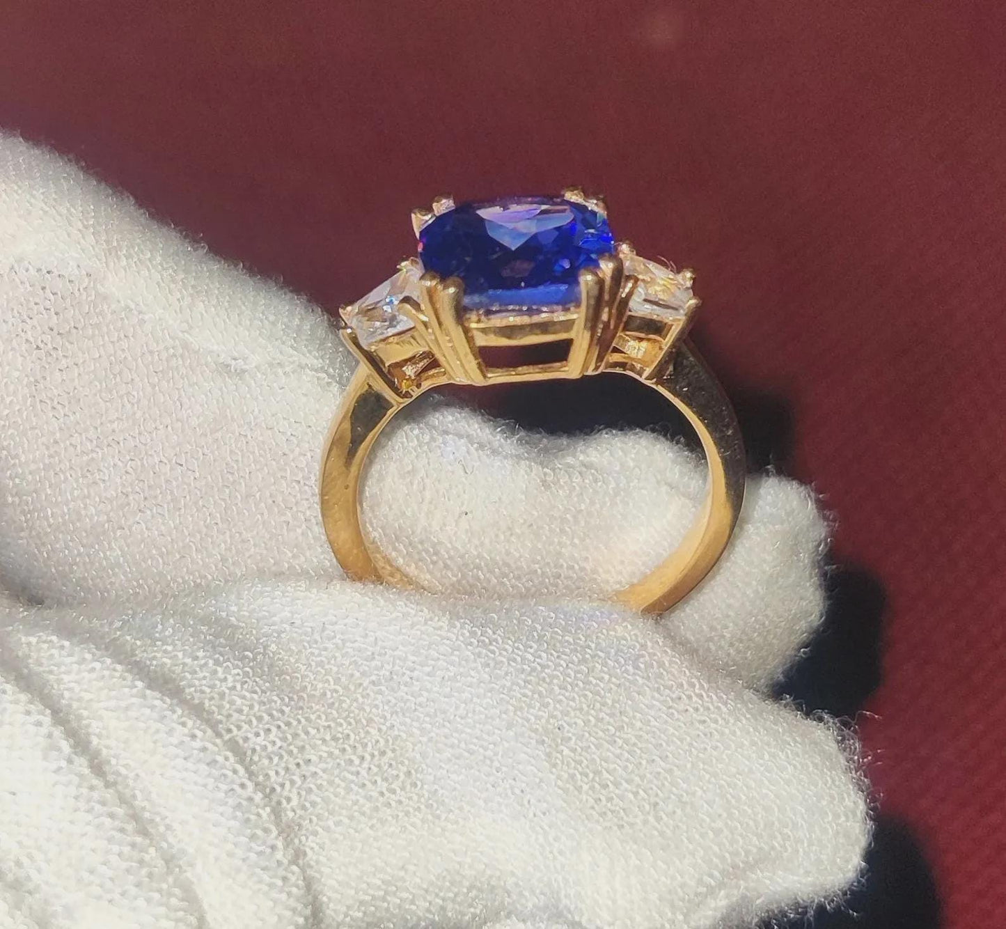 Three-Stone Tanzanite Ring Lab-Created Blue Tanzanite Wedding Engagement Ring 14K Yellow Gold Plated 925 Silver Diamond Engagement Ring