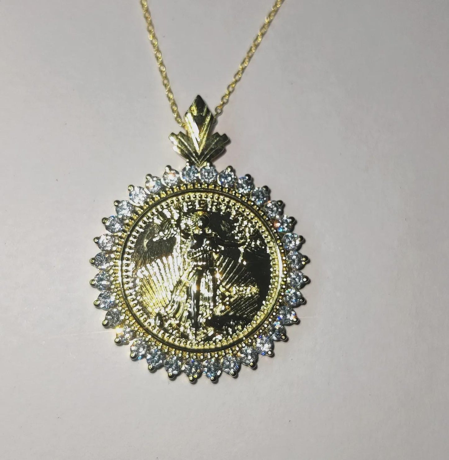 1Ct Round Cut Moissanite Pendant Liberty Dollar Coin Pendant Necklaces Pendant 14K Yellow Gold Finish Moissanite Liberty Pendant