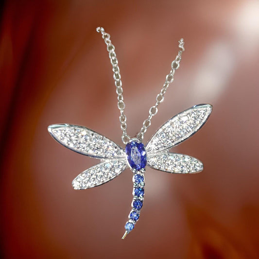 2Ct Oval Cut Lab-Created Blue Sapphire & Diamond Dragonfly Pendant 14K White Gold Plated Sapphire Pendant Women's Dragonfly Pendant