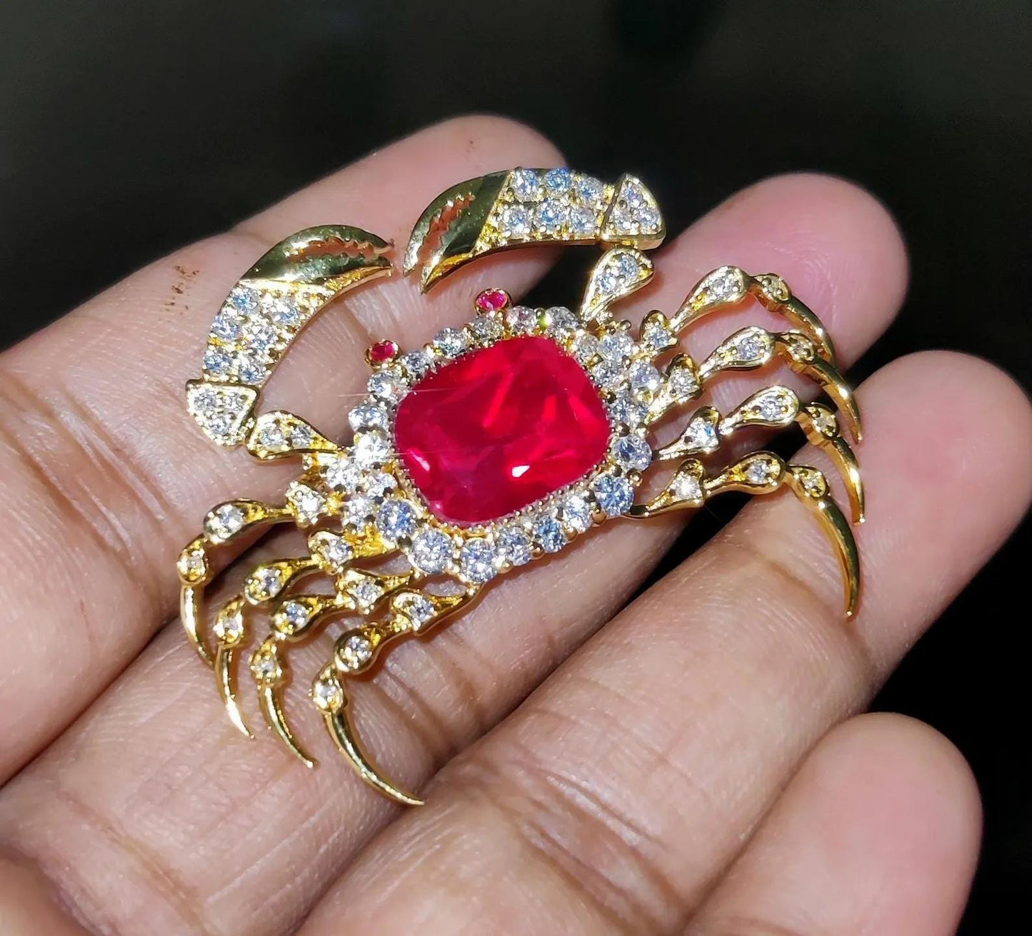 2Ct Diamond Brooch Pin, Crab Shape Brooch, Lab-Created Red Ruby Diamond 14K Yellow Gold Plated 925 Sterling Silver, Special Occasion wear