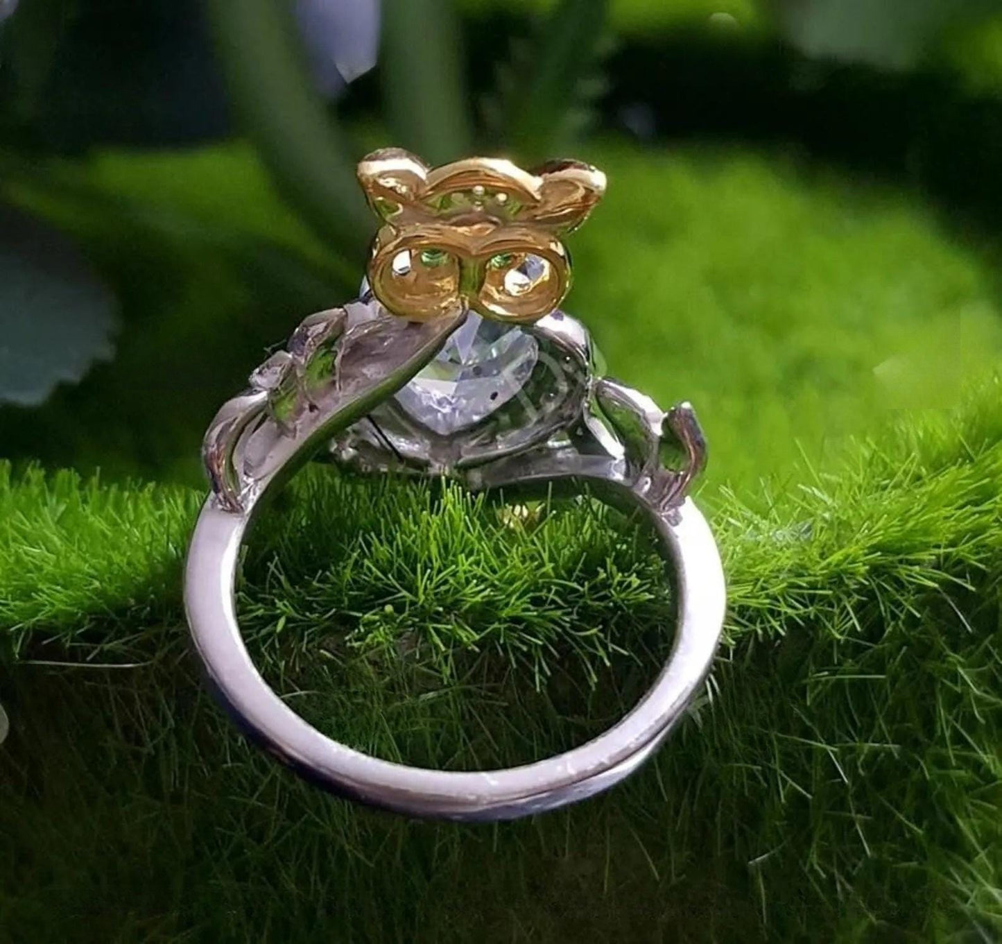 2Ct Heart Cut Owl Shape Ring Simulated Green Emerald 14K Two Tone Gold Plated 925 Sterling Silver, Anniversary Ring, For Birthday Gift Ring