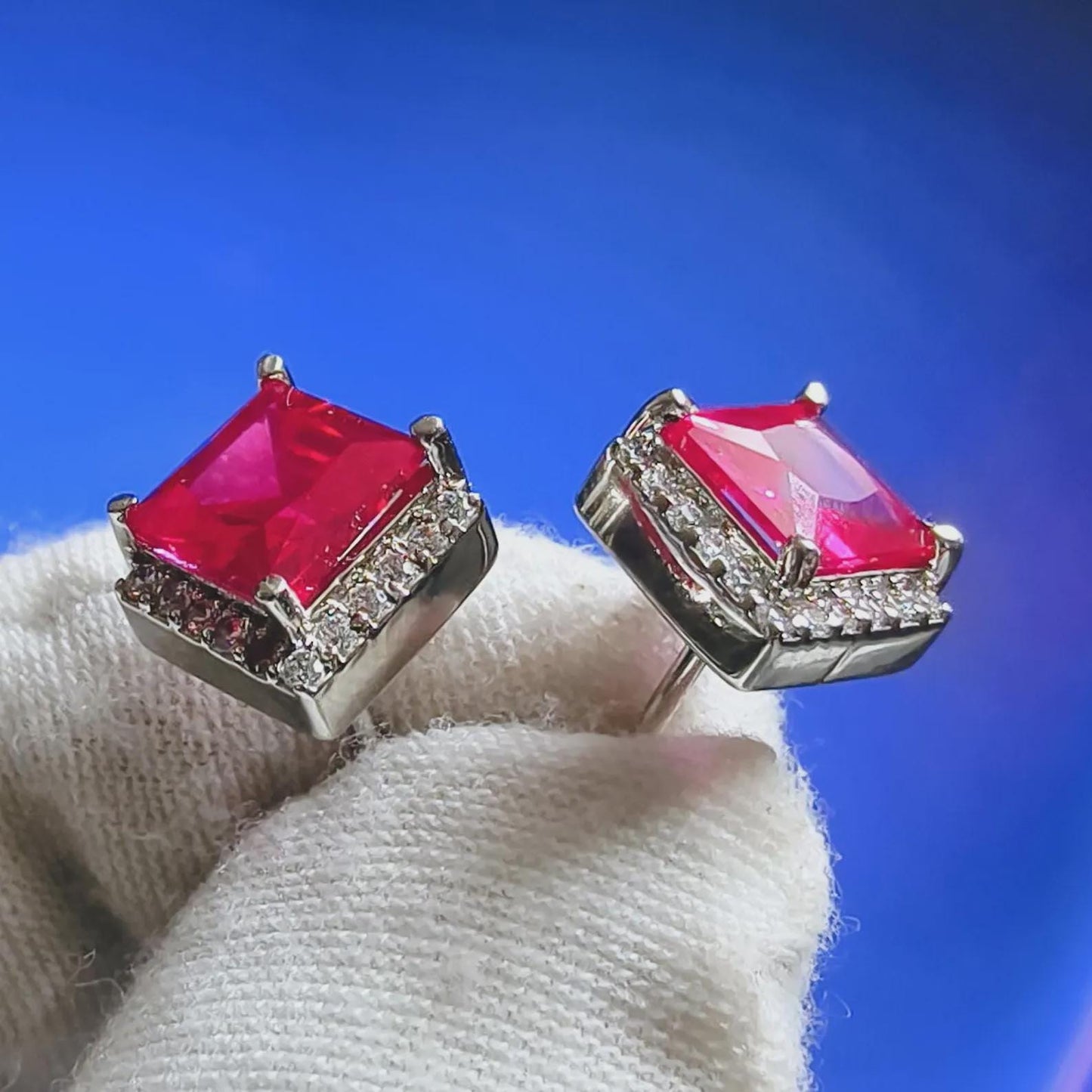 3Ct Princess Brilliant Cut Red Ruby VVS1 Diamond 14K White Gold Finish Halo Cluster Stud Earrings Gift For her ,Birthday Gift, Special Gift