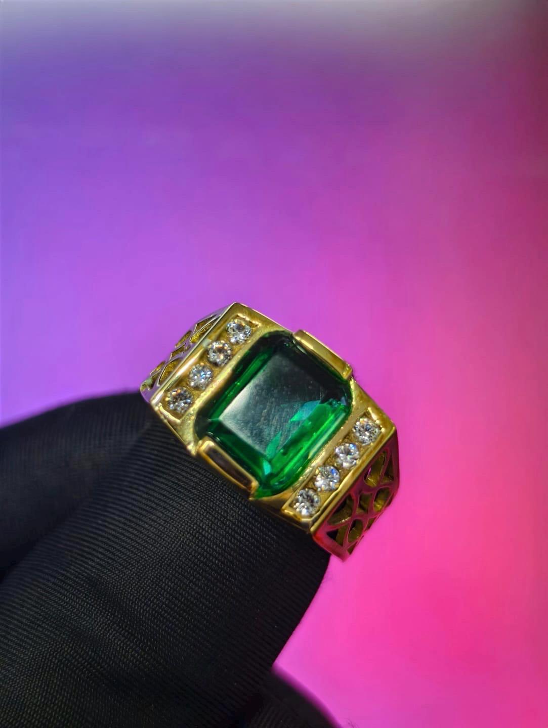 4Ct Emerald Cut Simulated Emerald Men's Wedding Ring 14K Yellow Gold Plated- 925 Silver