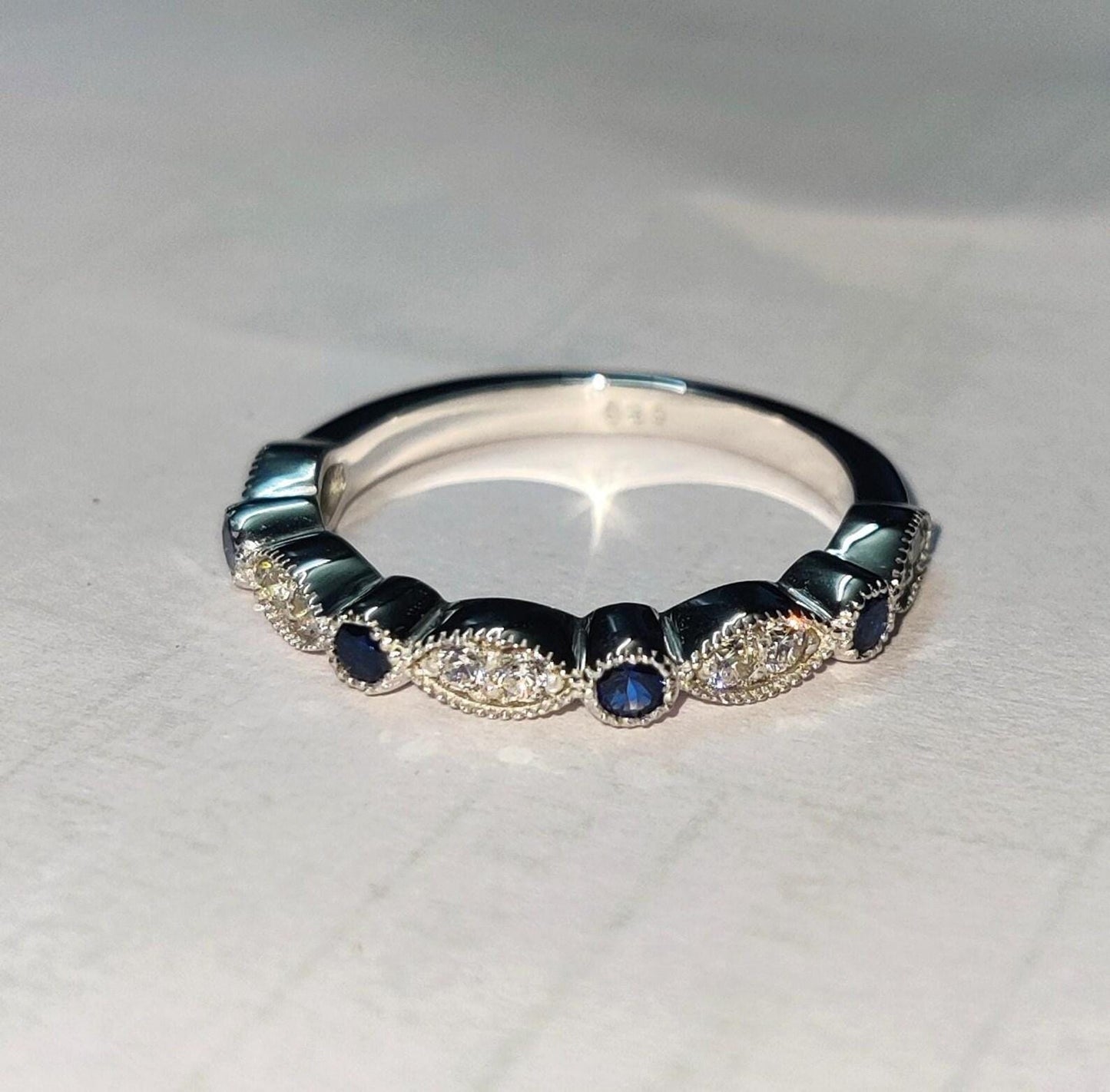 0.50Ct Round Cut Sapphire Band Ring Sapphire Engagement Anniversary Wedding Band Ring 14K White Gold Finish 925 Silver Diamond Band