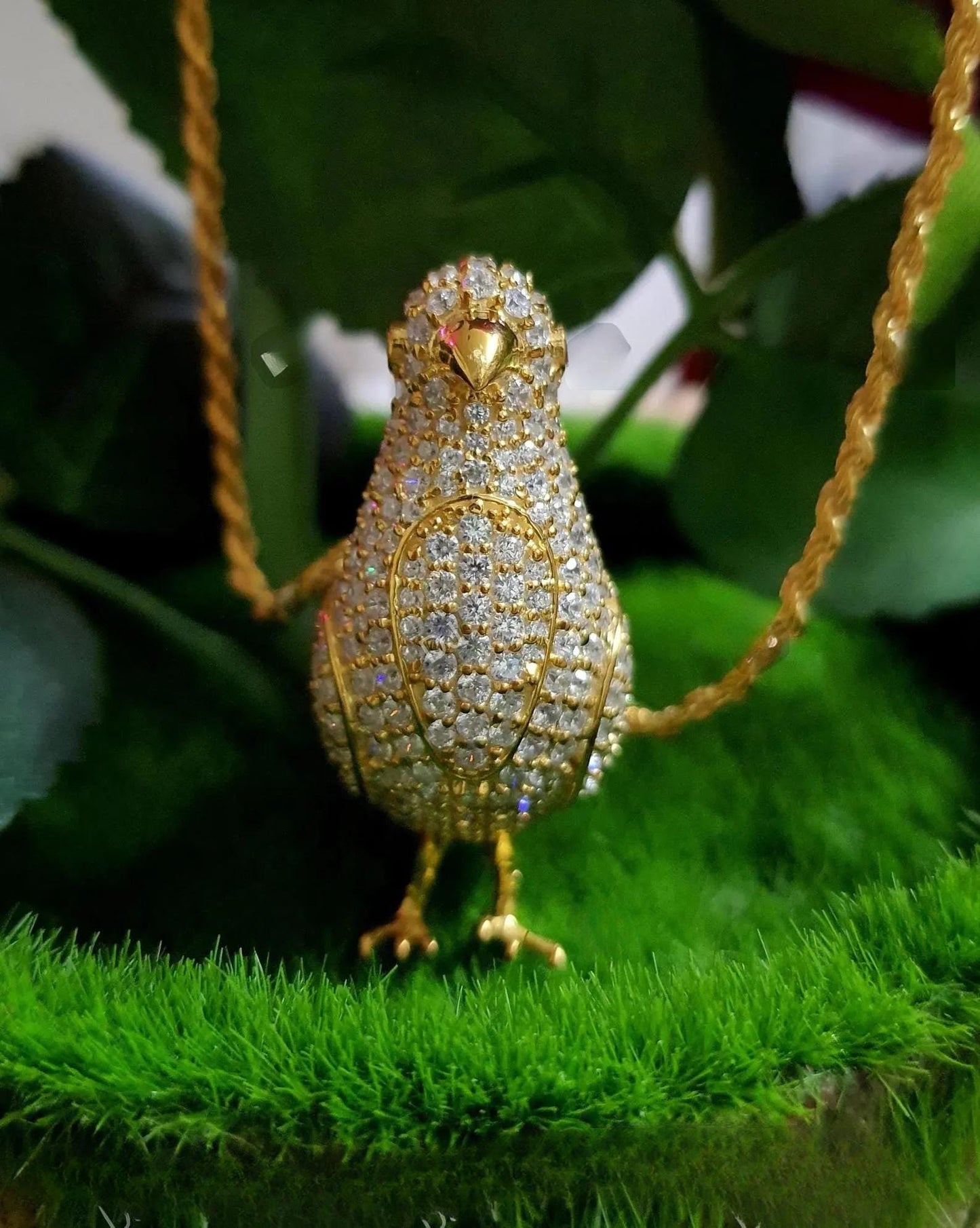 14k Yellow Gold Finish Pendant. Custom Made Bird Pendant Round cut Simulated Diamond Yellow Gold Plated Bird Pendant Free Chain