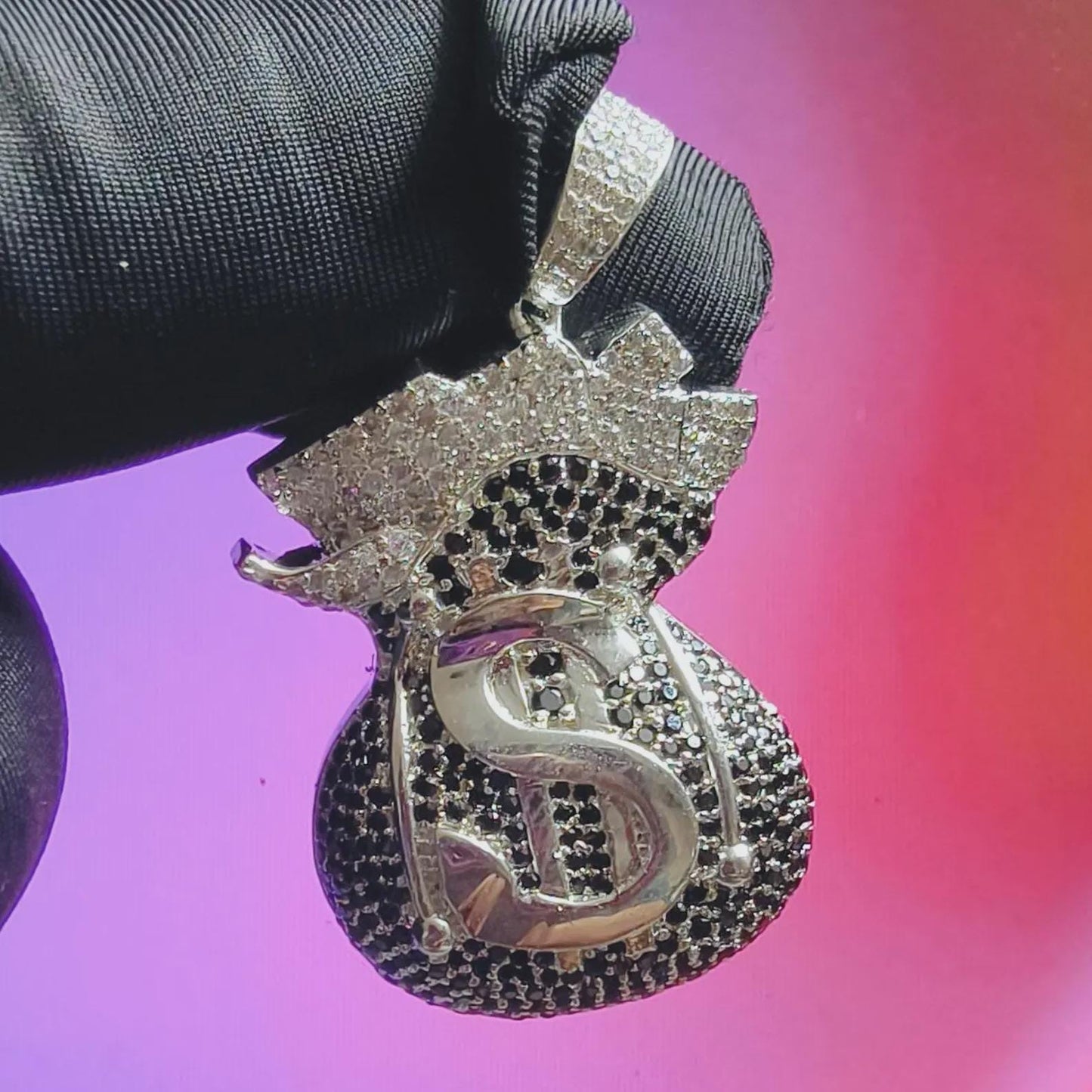 3Ct Round Cut Simulated White Diamond, Black Spinel Dollar Money Bag Pendant 14K White Gold Plated 925 Silver, Hip Hop Pendant