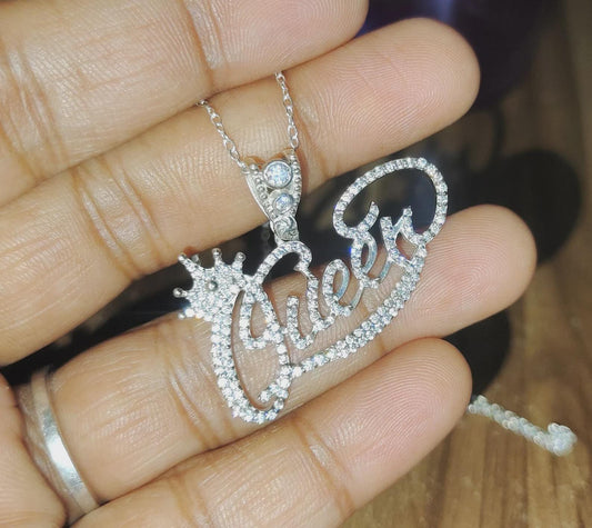 2Ct Custom Letter Pendant Lab-Created Diamond Queen Letter Initial Pendant 14K White Gold Plated Hip Hop Pendant Queen Name Crown Pendant