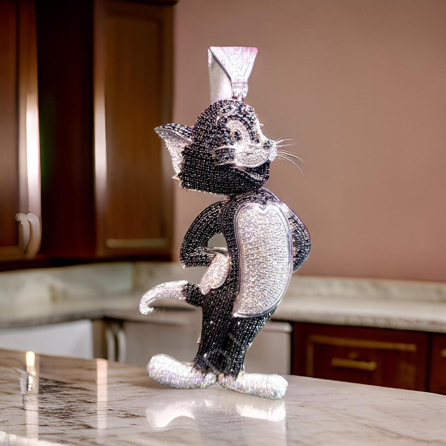 4Ct Round Cut Black & White Diamond Cartoon Tom Pendant 14K White Gold Finish Anniversary, Wedding, Birthday Gift