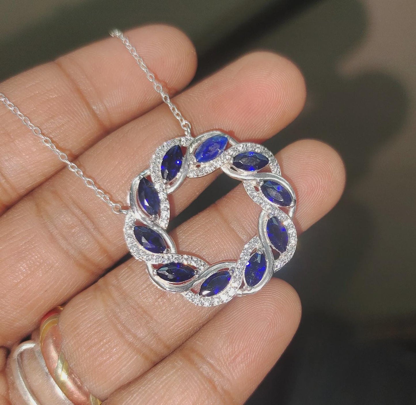 2Ct Marquise Cut Blue Sapphire & VVS1/D Diamond Circle Pendant Necklace 14k White Gold Plated Birthday Gift for Her Free Chain