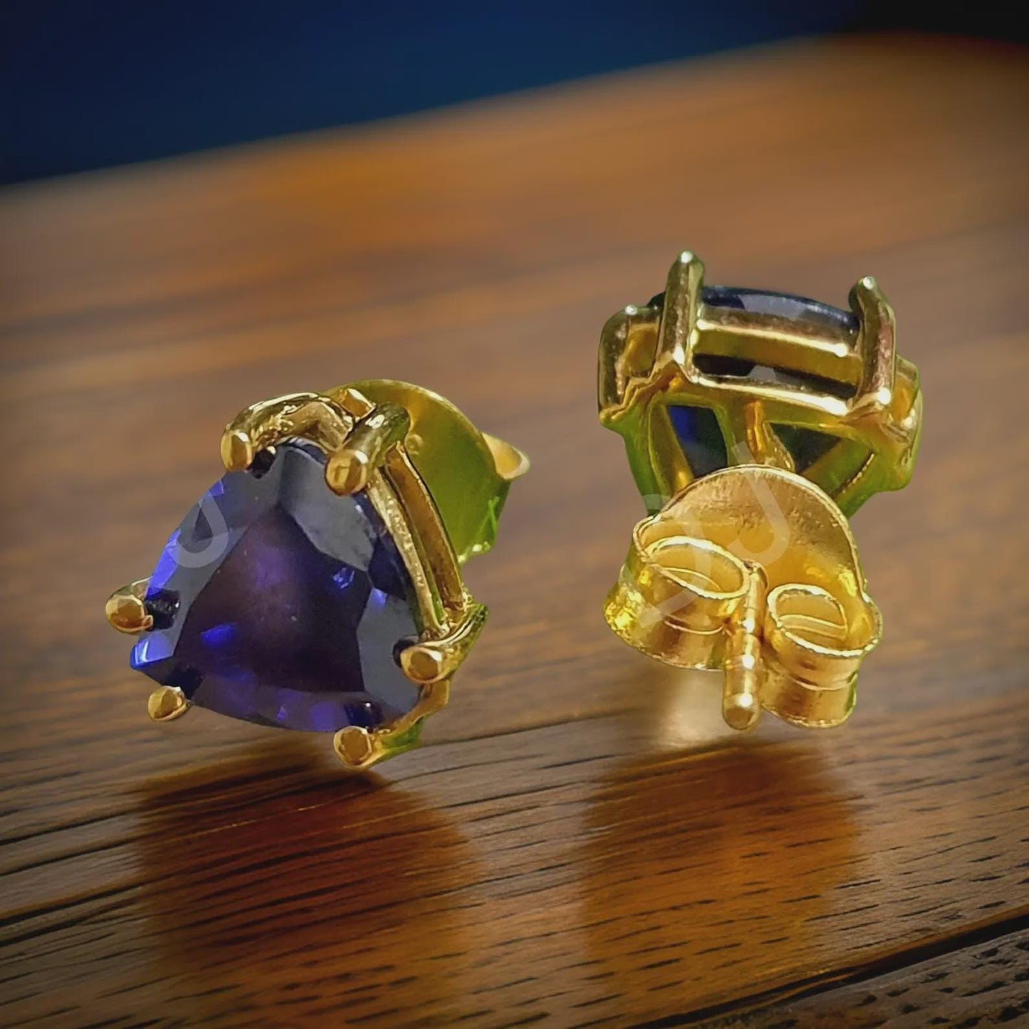 2Ct Trillion Cut Sapphire Stud Blue Sapphire Diamond 14K Yellow Gold Finish Halo Stud Earrings 925 Sterling Silver Gift For Birthday.