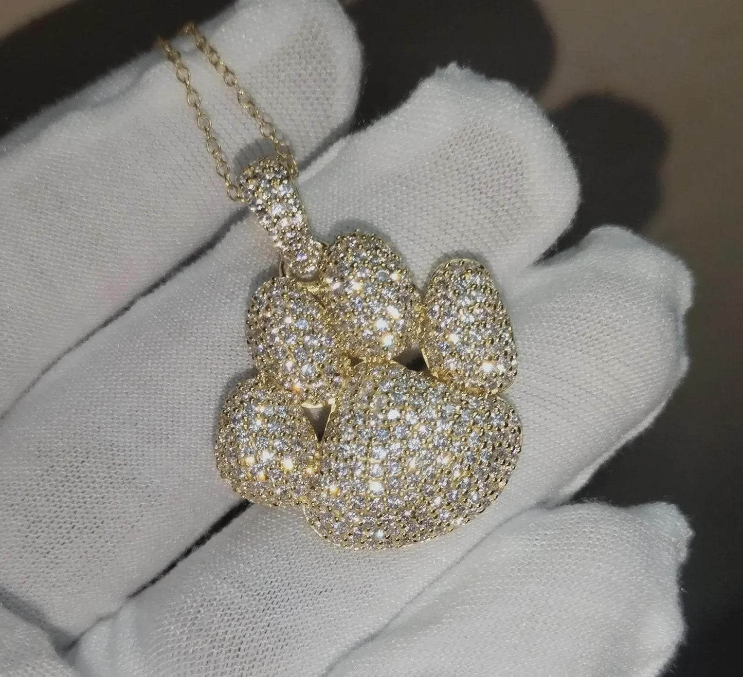 3Ct Round Cut Simulated White Diamond Dog Paw Pendant 14K Yellow Gold Finish Free Chain 925 Sterling Silver Hip Hop Dog Paw Pendant