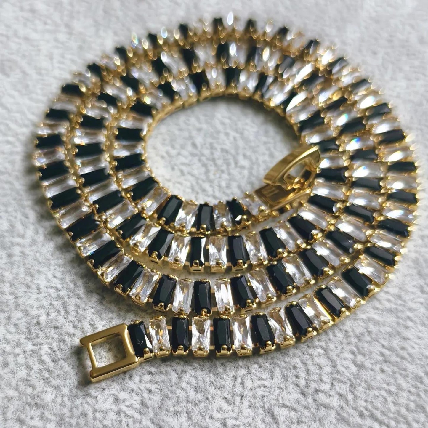 14Ct Radiant And Baguette Cut White & Black Lab-Created Gemstone Tennis Necklace 14K Yellow Gold Plated Necklace Tennis Necklace Size 19" In