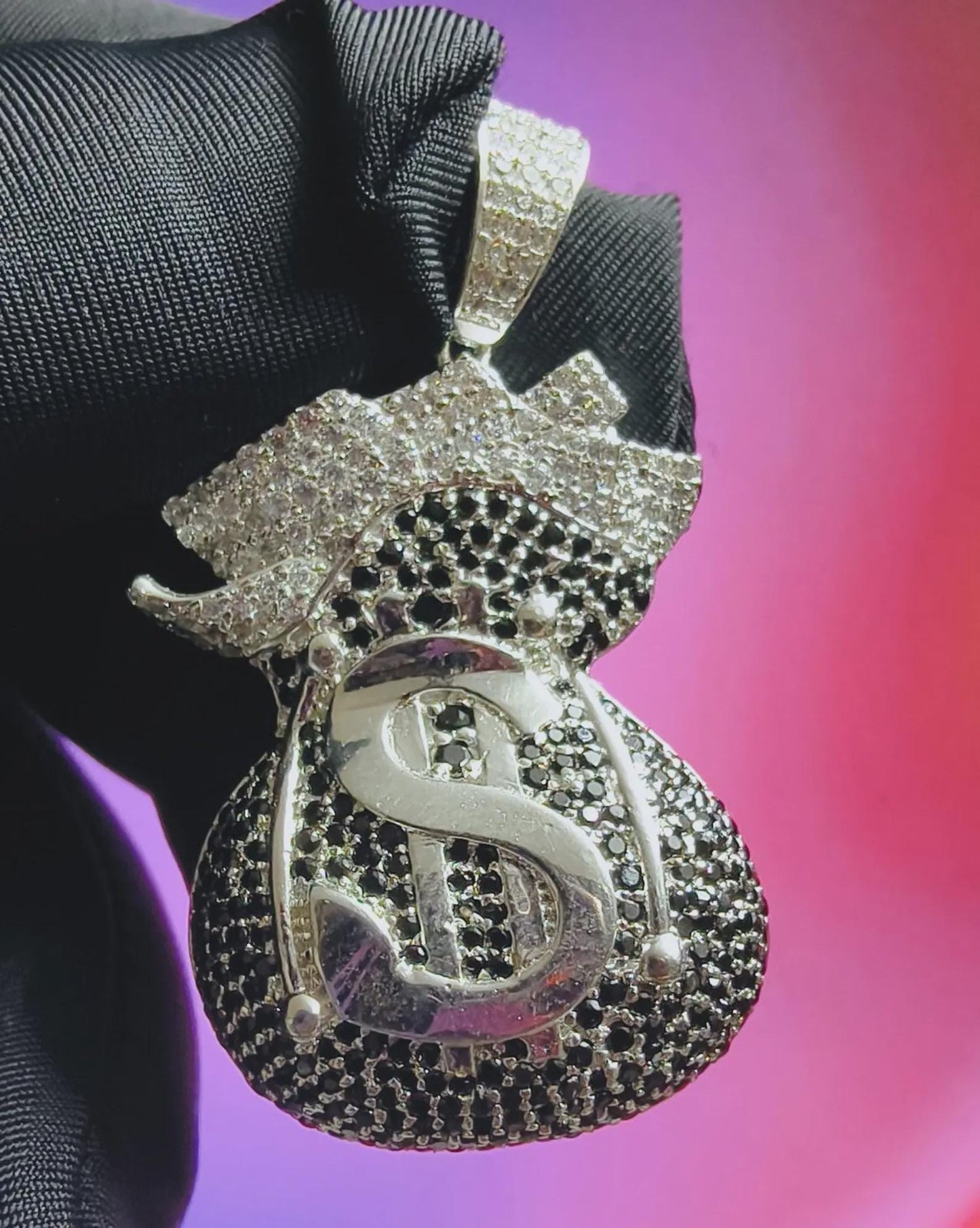 3Ct Round Cut Simulated White Diamond, Black Spinel Dollar Money Bag Pendant 14K White Gold Plated 925 Silver, Hip Hop Pendant