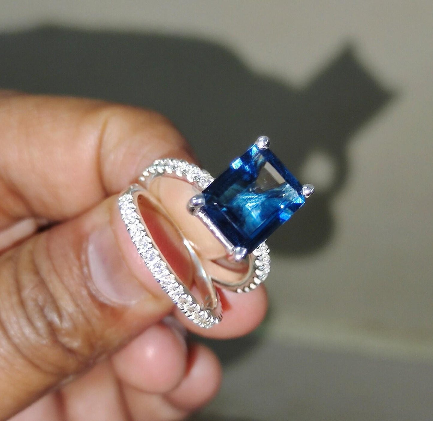 2.50Ct Emerald Brilliant Cut Blue Sapphire & VVS1/D Diamond Solitaire Engagement Bridal Ring Set 14K White Gold Finish Gift For her