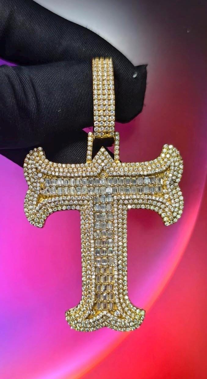 3Ct Round Cut Simulated Diamond Custom Inital Letter T Pendant 14K Yellow Gold Plated - 925 Silver