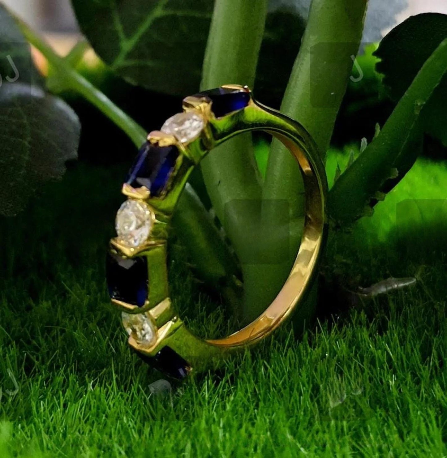 2Ct Round Cut Simulated Diamond & Princess Cut Sapphire Engagement Anniversary Band Ring 14K Yellow Gold Finish, Birthday Gift, Ring For Her