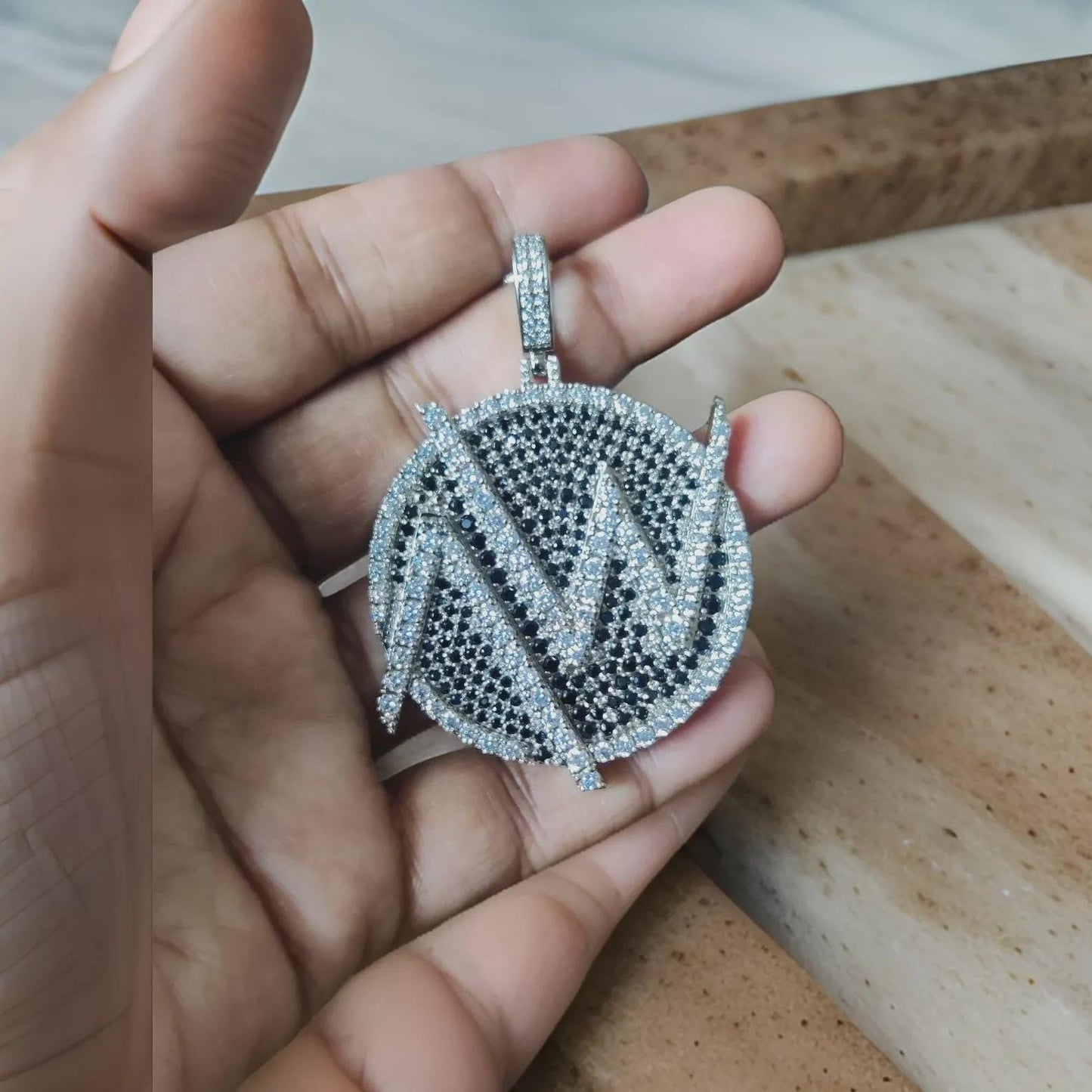 4Ct Diamond Round Cut Lab-Created Black Diamond Cluster AW Circle Pendant 14K White Gold Finish Hip Hop Alphabet Circle Diamond Pendant