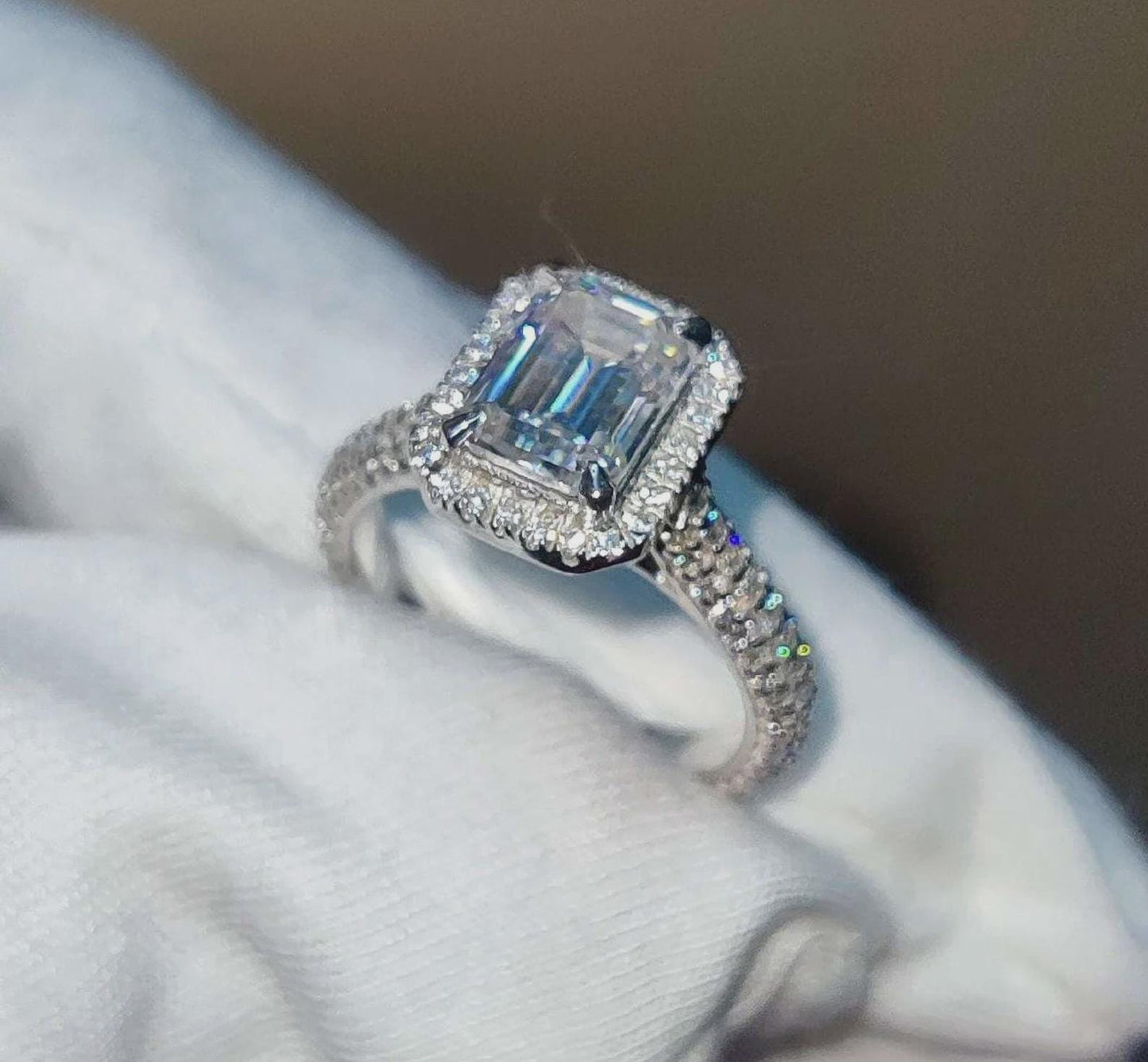 2Ct Emerald Cut Halo Simulated Diamond Solitaire Engagement Anniversary Ring 14K White Gold Finish 925 Sterling Silver Wedding Gift For her