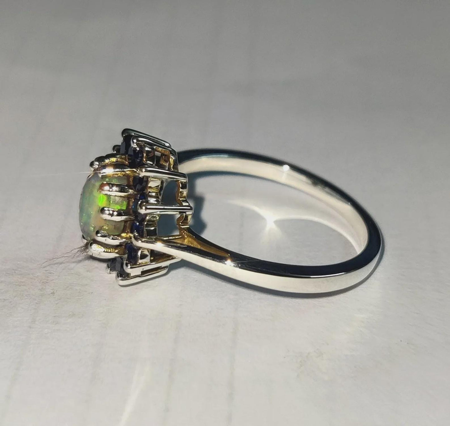 2Ct Oval Cut Fire Opal and Blue Sapphire Halo Engagement Wedding Ring 14K White Gold Finish Opal Ring Halo Fire Opal Ring