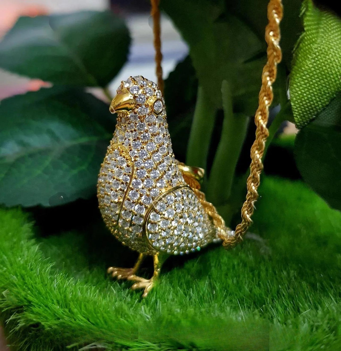 14k Yellow Gold Finish Pendant. Custom Made Bird Pendant Round cut Simulated Diamond Yellow Gold Plated Bird Pendant Free Chain