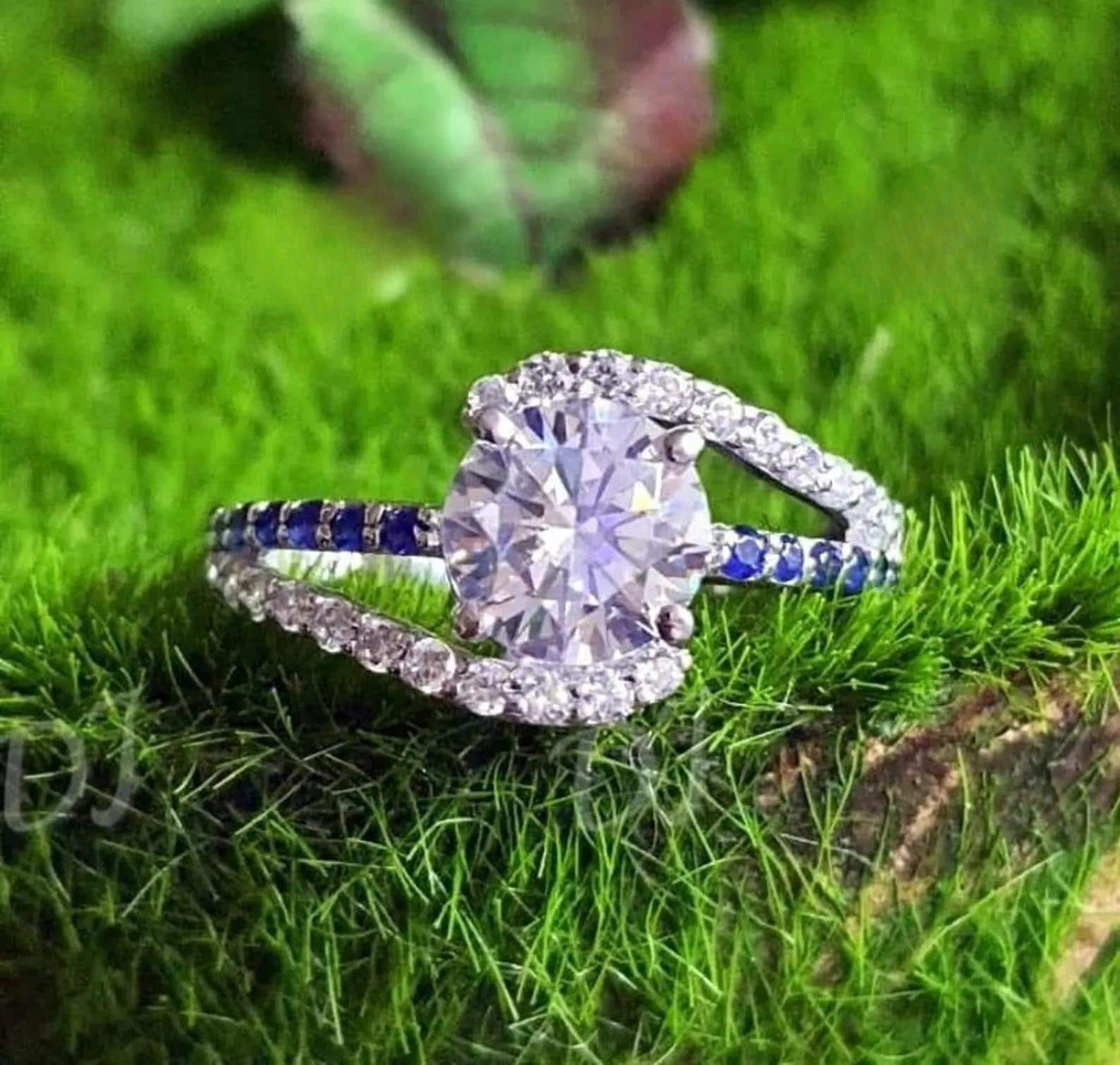 2Ct Round Cut Simulated White Diamond and Sapphire Wedding Women Engagement Anniversary Ring 14k White Gold Plated- 925 Silver, Gift for Her