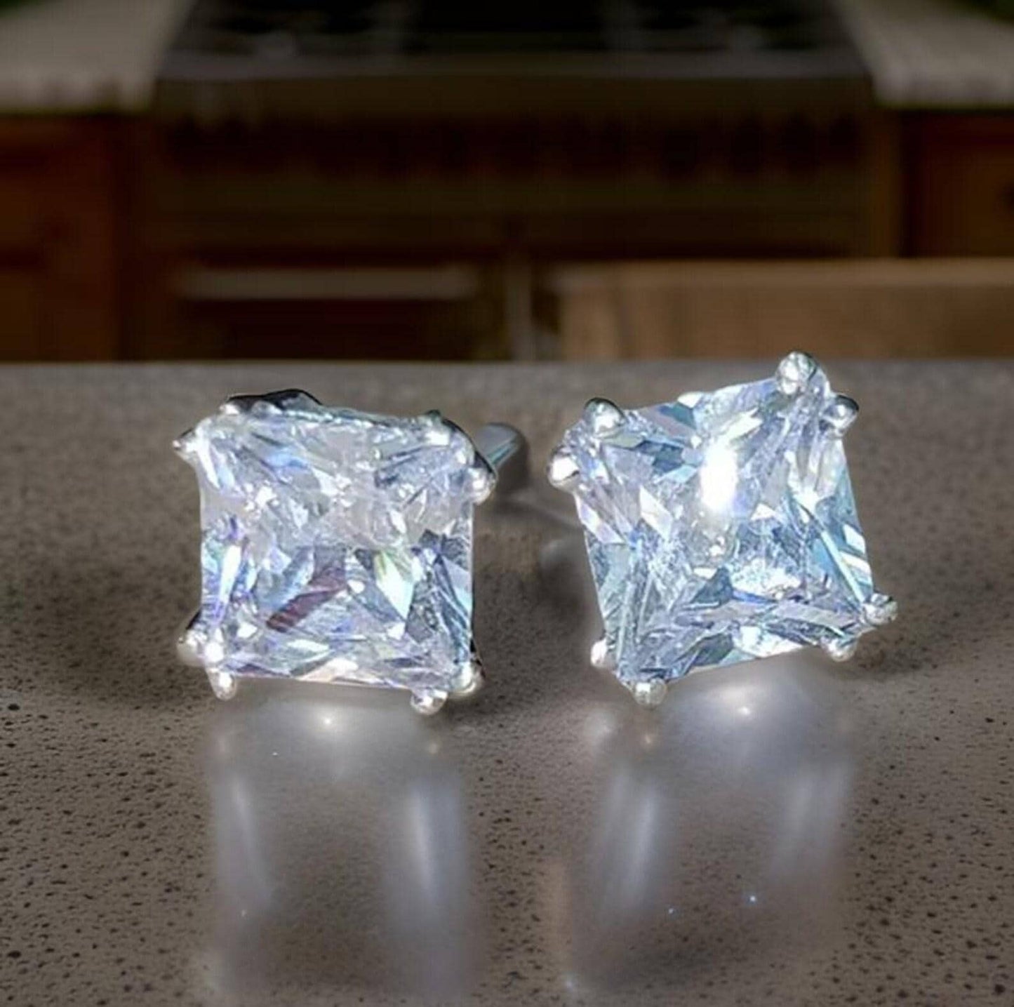 8mm Princess Cut Prong Stud Earrings Simulated Diamond Earrings 14K White Gold Finish 925 Silver Prong Setting Earring, Gift For Anniversary