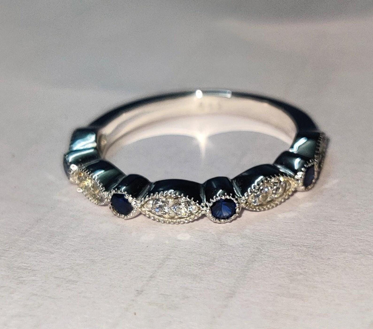 0.50Ct Round Cut Sapphire Band Ring Sapphire Engagement Anniversary Wedding Band Ring 14K White Gold Finish 925 Silver Diamond Band