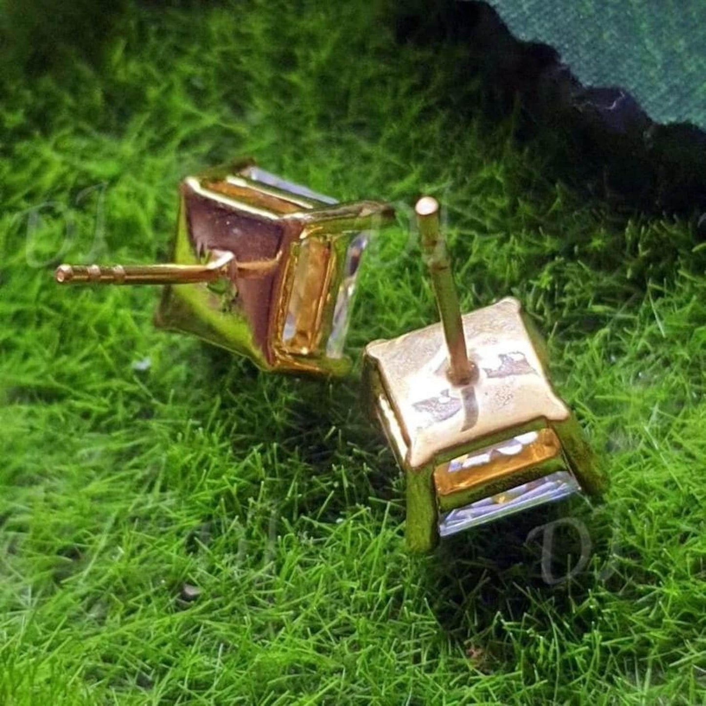 8mm Princess Cut Prong Stud Earrings Simulated Diamond Earrings 14K Yellow Gold Finish 925 Silver Prong Setting Earring,Gift For Anniversary