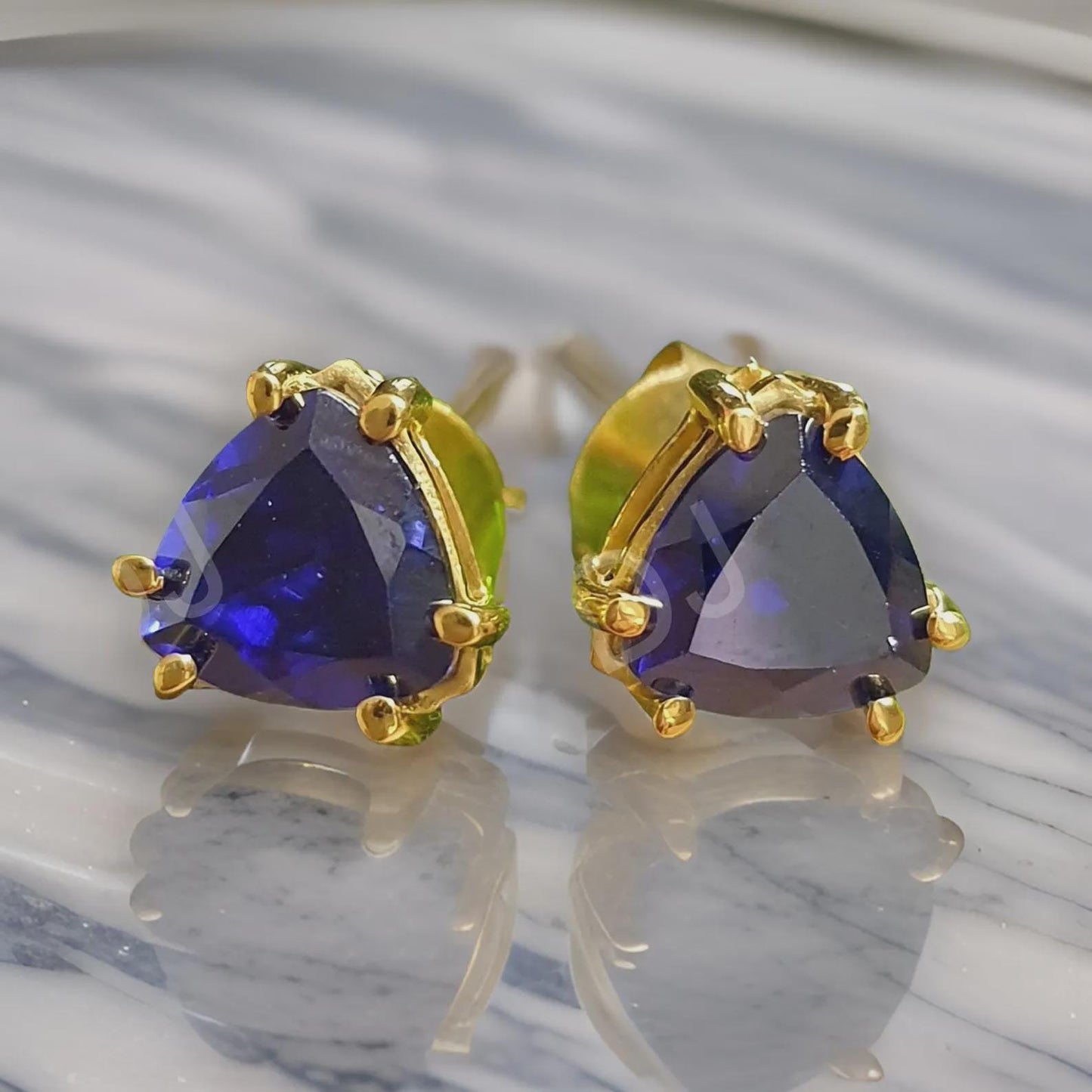 2Ct Trillion Cut Sapphire Stud Blue Sapphire Diamond 14K Yellow Gold Finish Halo Stud Earrings 925 Sterling Silver Gift For Birthday.
