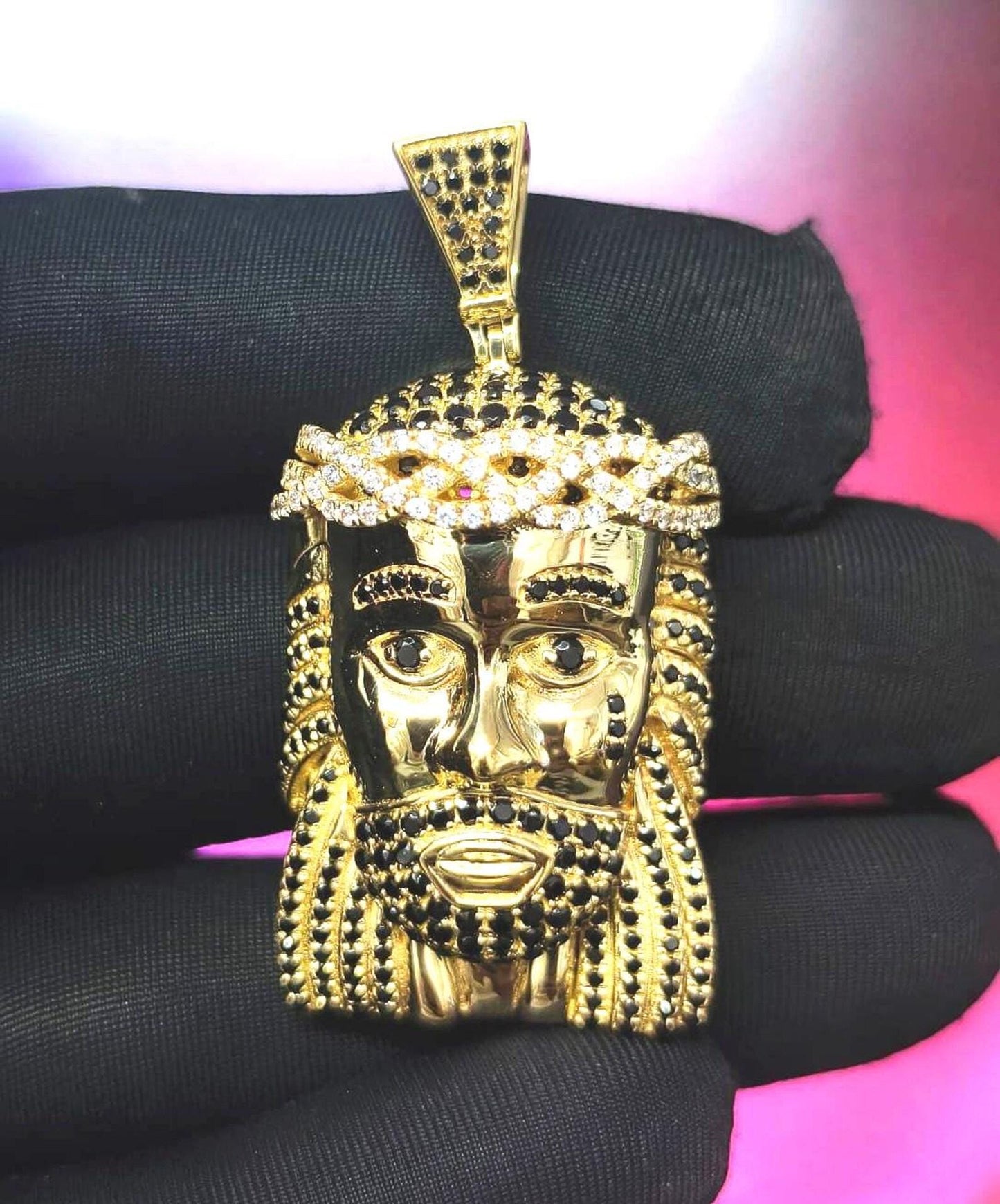 3Ct Round Cut Simulated Black and White Diamond Jesus Face  Pendant 14K Yellow Gold Plated Free Chain 18" 925 Silver, Hip Hop Custom Pendant