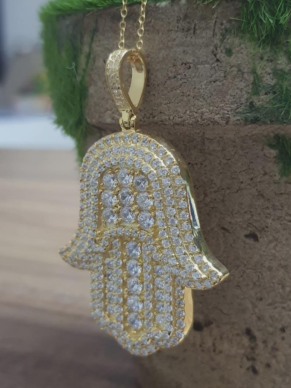 2CT Round Cut Pave Diamond Hamsa Hand Pendant 14K Yellow Gold Finish with free chain