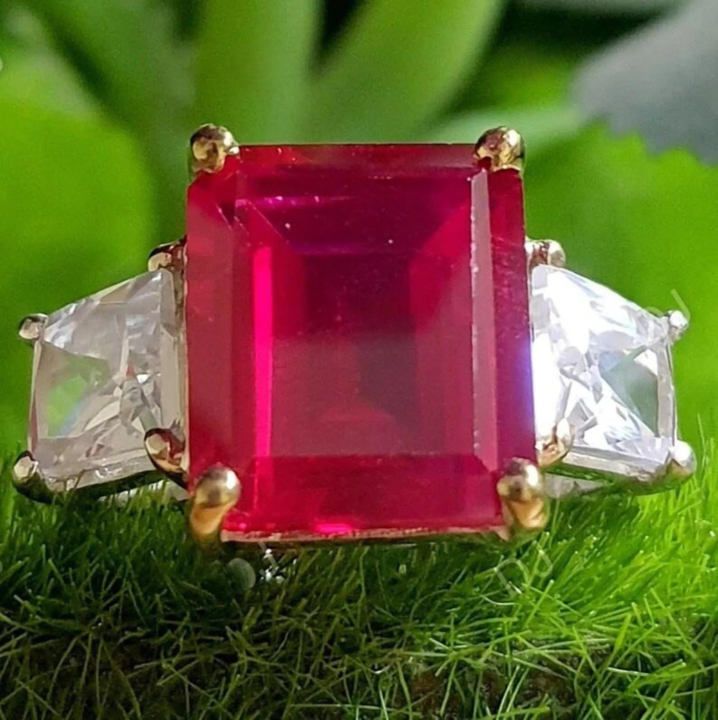 2Ct Emerald Cut Simulated Red Ruby Diamond Three Stone 14K White Gold Finish Engagement Anniversary Ring, Birthday Party Gift, Ring For Her