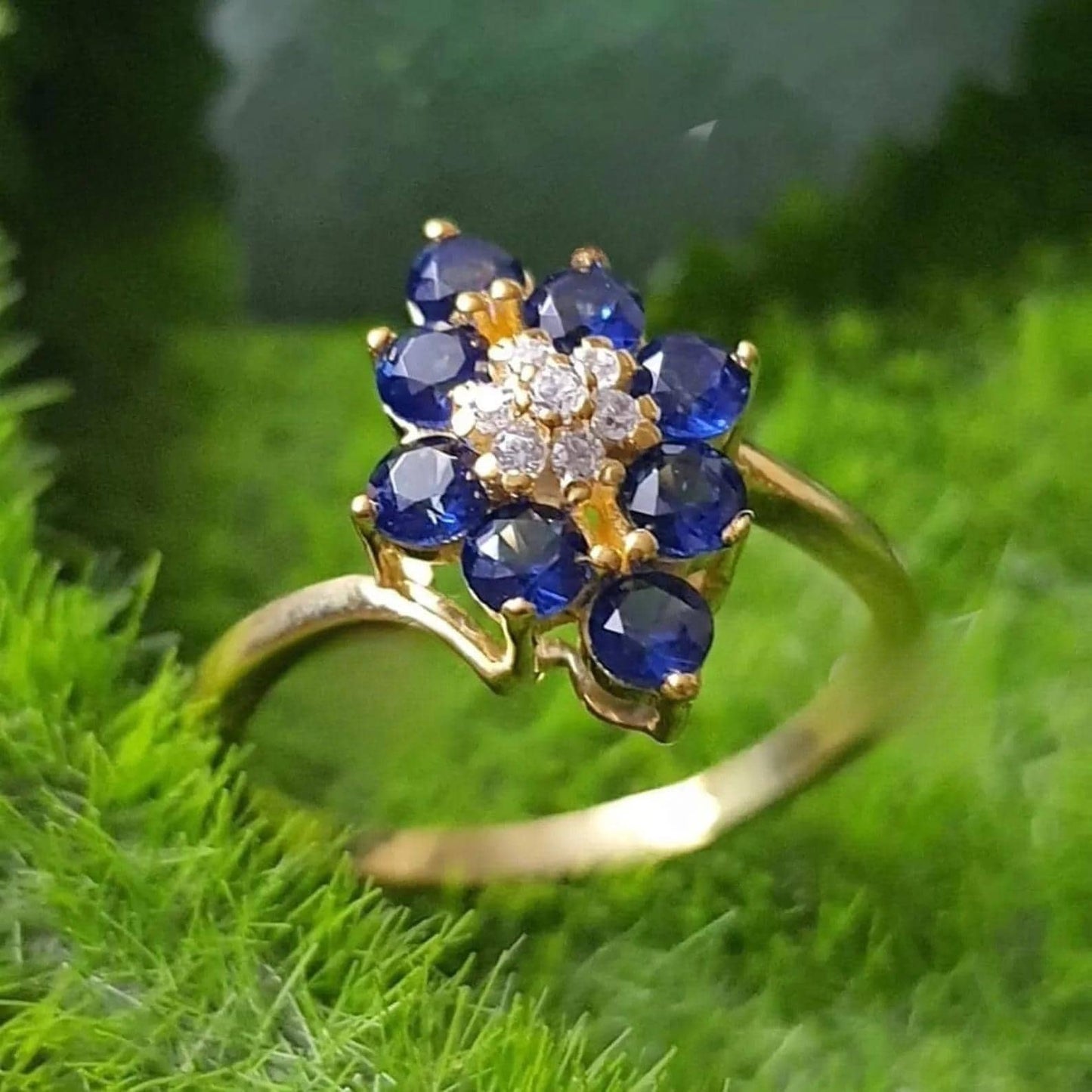 2Ct Round Cut Lab Created Blue Sapphire 14K Yellow Gold Plated Cluster Engagement, Wedding, Anniversary, Birthday Gift For Her