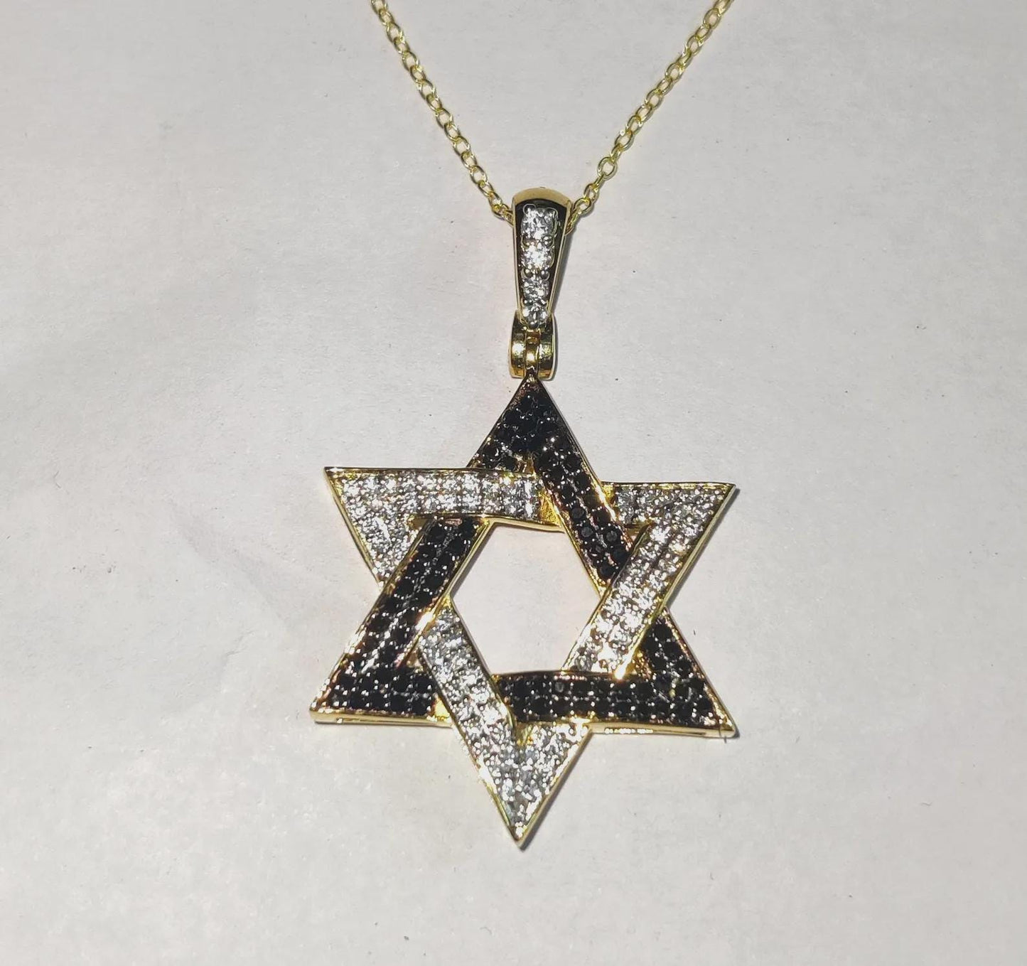 Round Cut Simulated Black and White Diamond Star of David Pendant 14K Yellow Gold Plated Pendant Gift