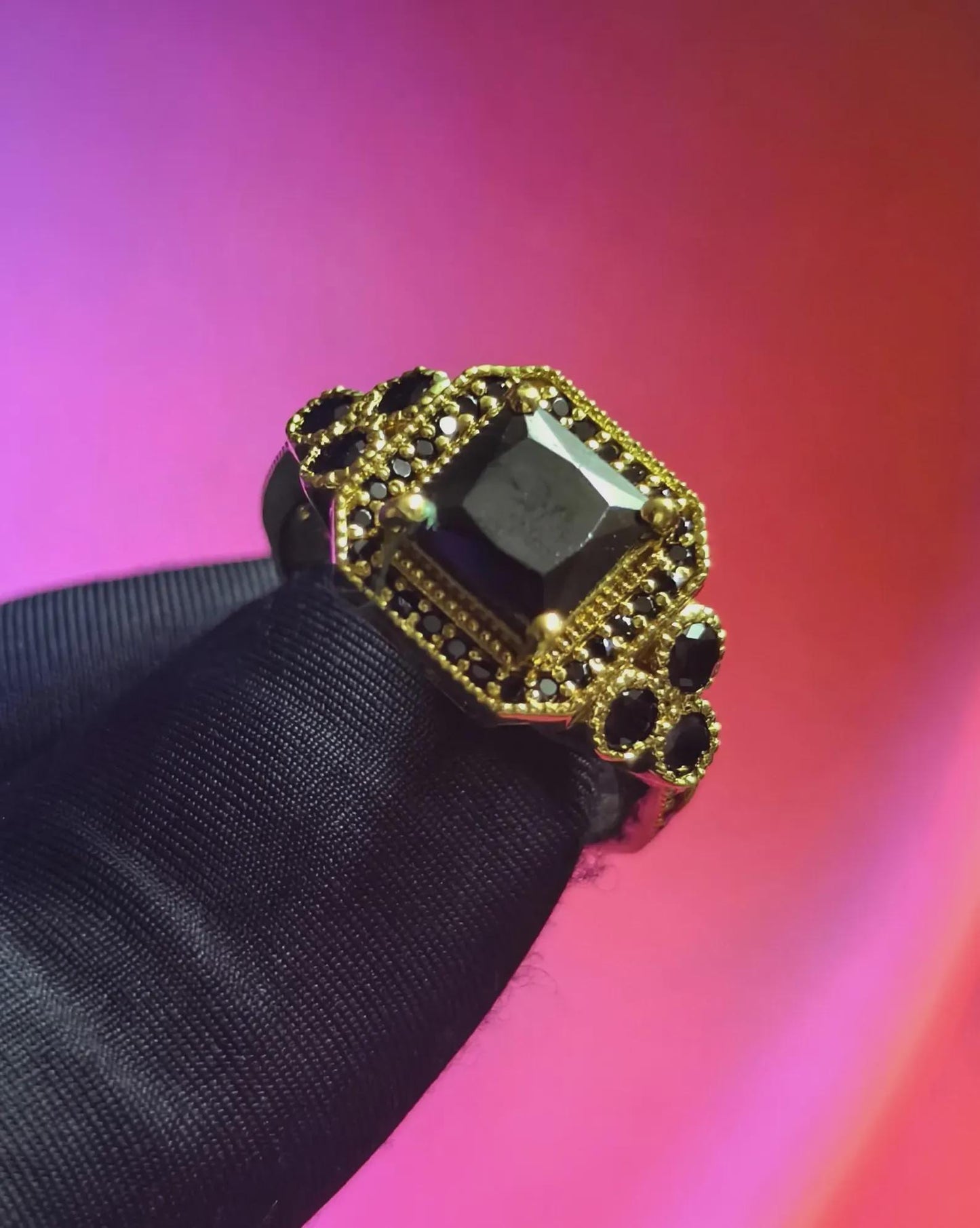 2Ct Princess Halo Wedding Ring Black Spinel 14K Yellow Gold Plated 925 Sterling Silver, Anniversary Ring, Gift For Birthday Or Party