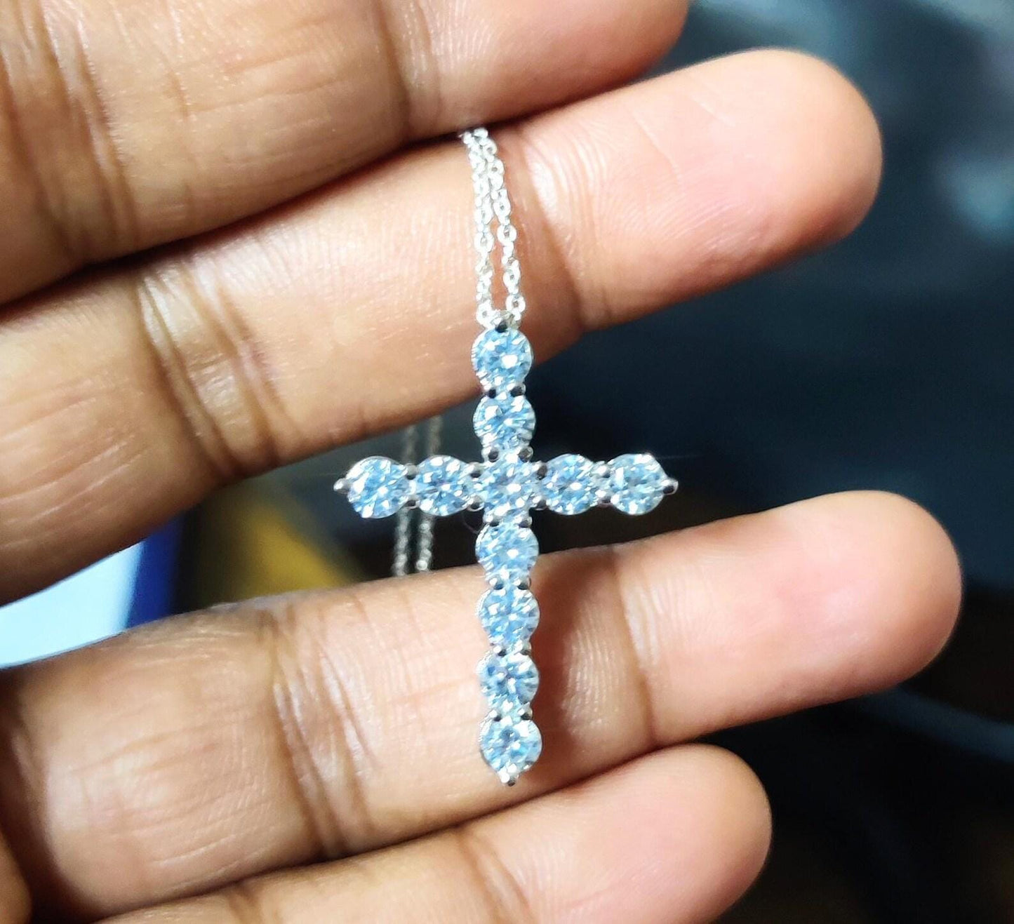 1.50Ct Round Cut Fancy VVS1 Diamond Cross Pendant 14k White Gold Plated- 925 Silver Free Chain