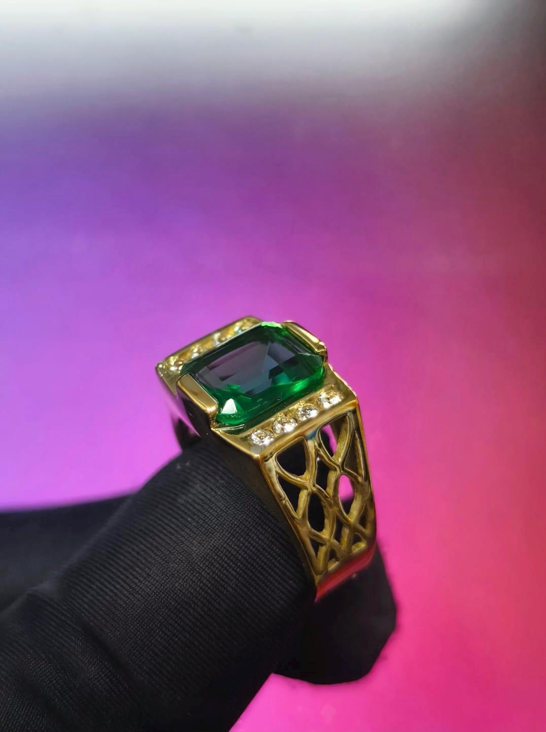 4Ct Emerald Cut Simulated Emerald Men's Wedding Ring 14K Yellow Gold Plated- 925 Silver