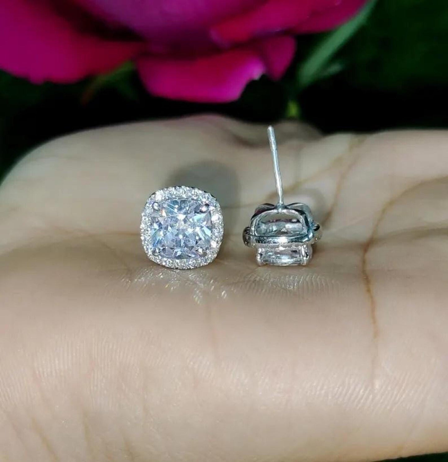 2Ct Cushion Cut Solitaire Prong Stud Earrings Simulated Diamond Earrings 14K White Gold Finish 925 Silver Stud Earring, Gift For Anniversary