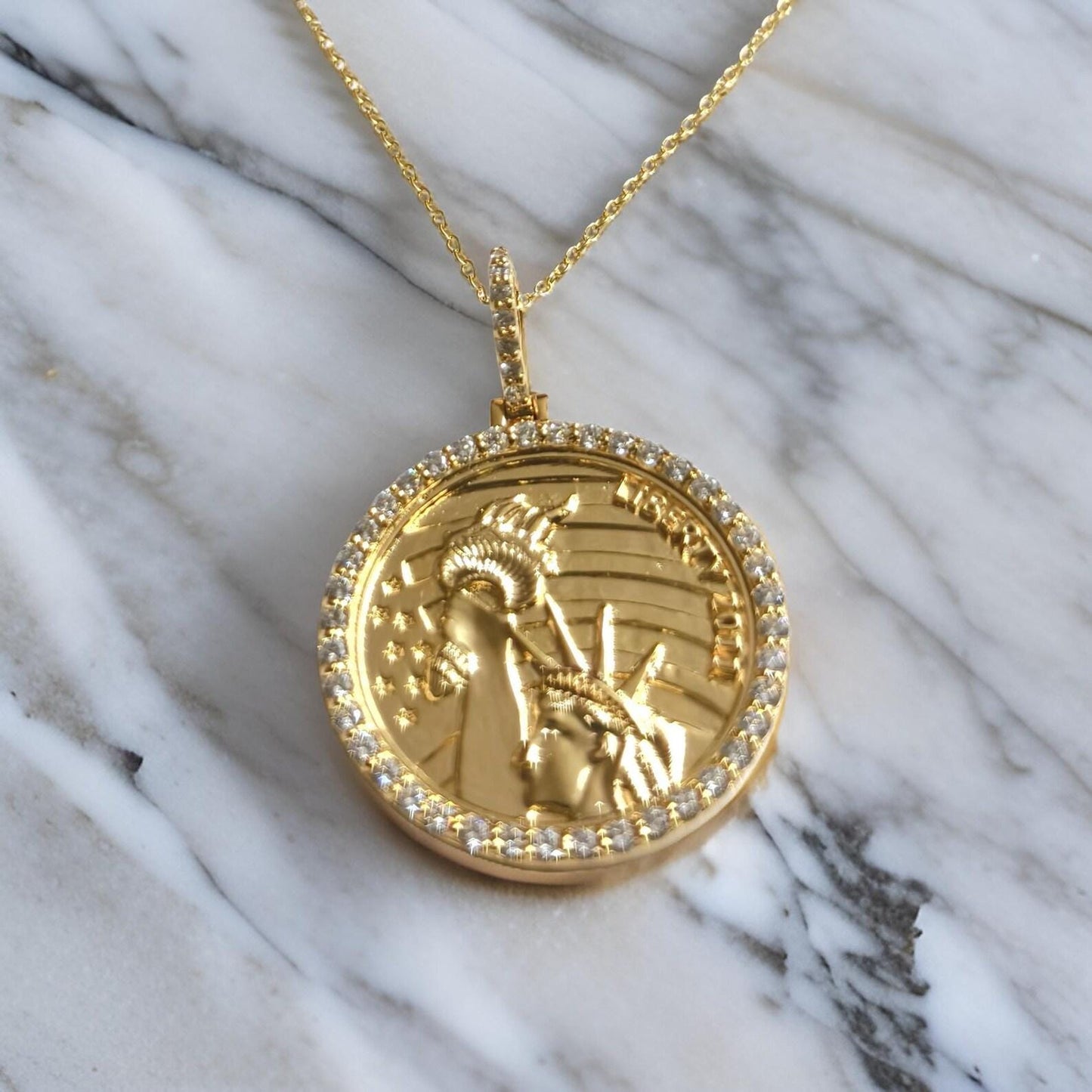 1Ct Round Cut Moissanite Pendant  Liberty Coin Pendant Necklaces Pendant 14K Yellow Gold Over Moissanite Liberty Pendant